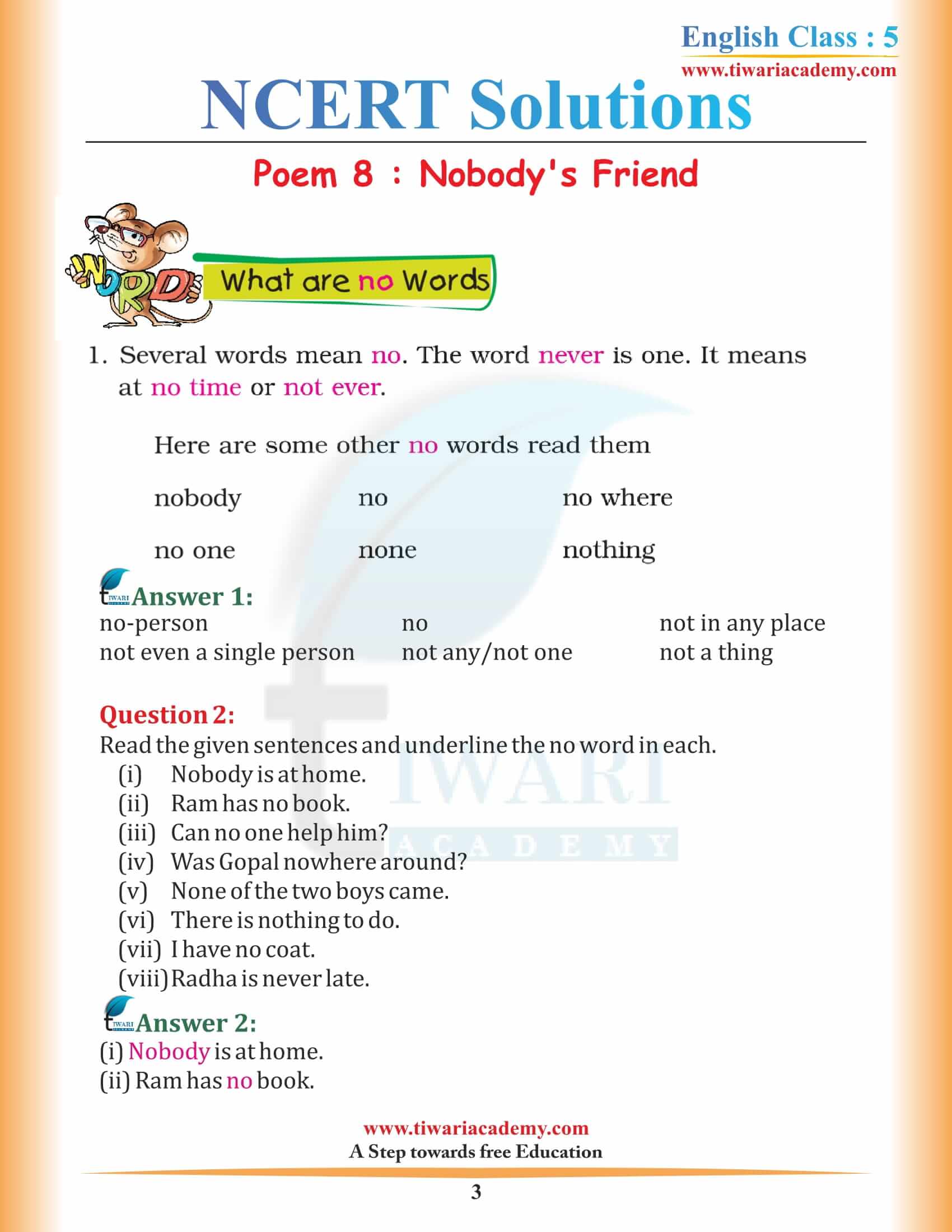 NCERT Solutions for Class 5 English Chapter 8 Nobody’s Friend in Hindi