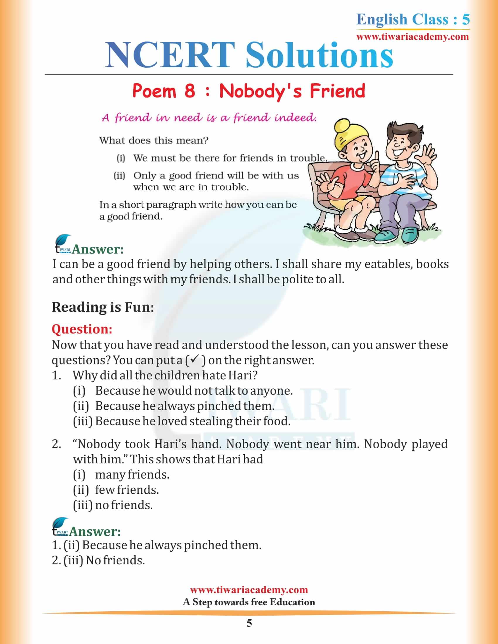 NCERT Solutions for Class 5 English Chapter 8 Nobody’s Friend in Hindi