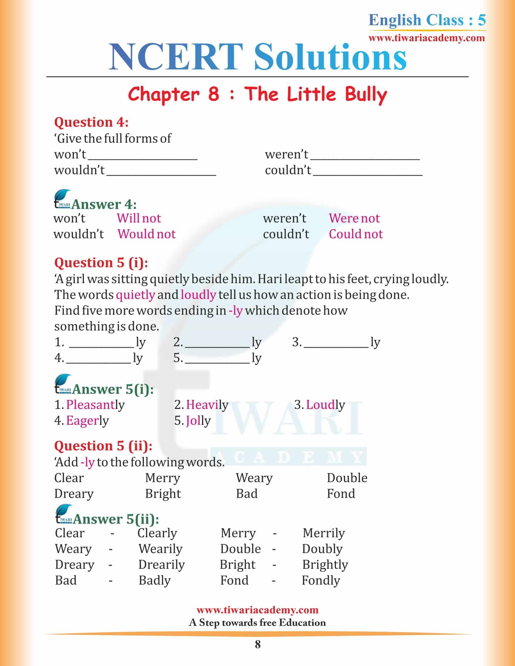 NCERT Solutions for Class 5 English Chapter 8 Nobodys Friend, The Little Bully (PDF)