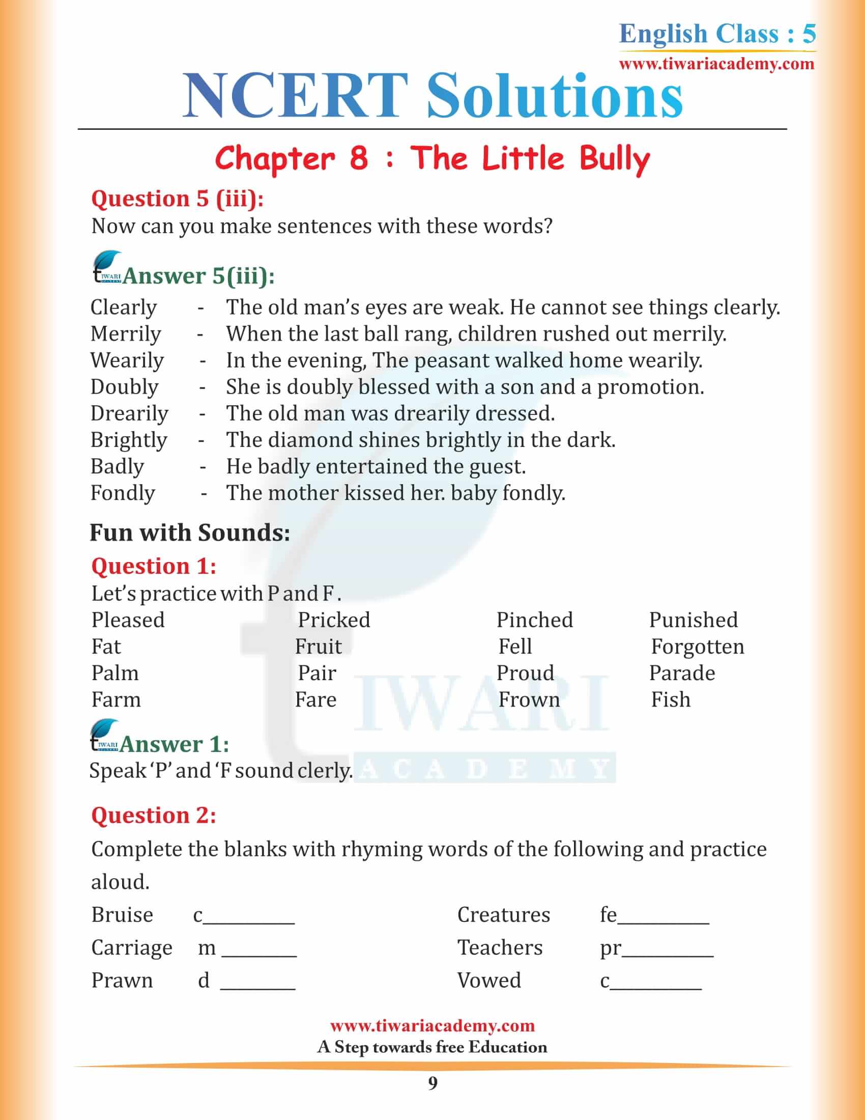 NCERT Solutions for Class 5 English Chapter 8 The Little Bully free download
