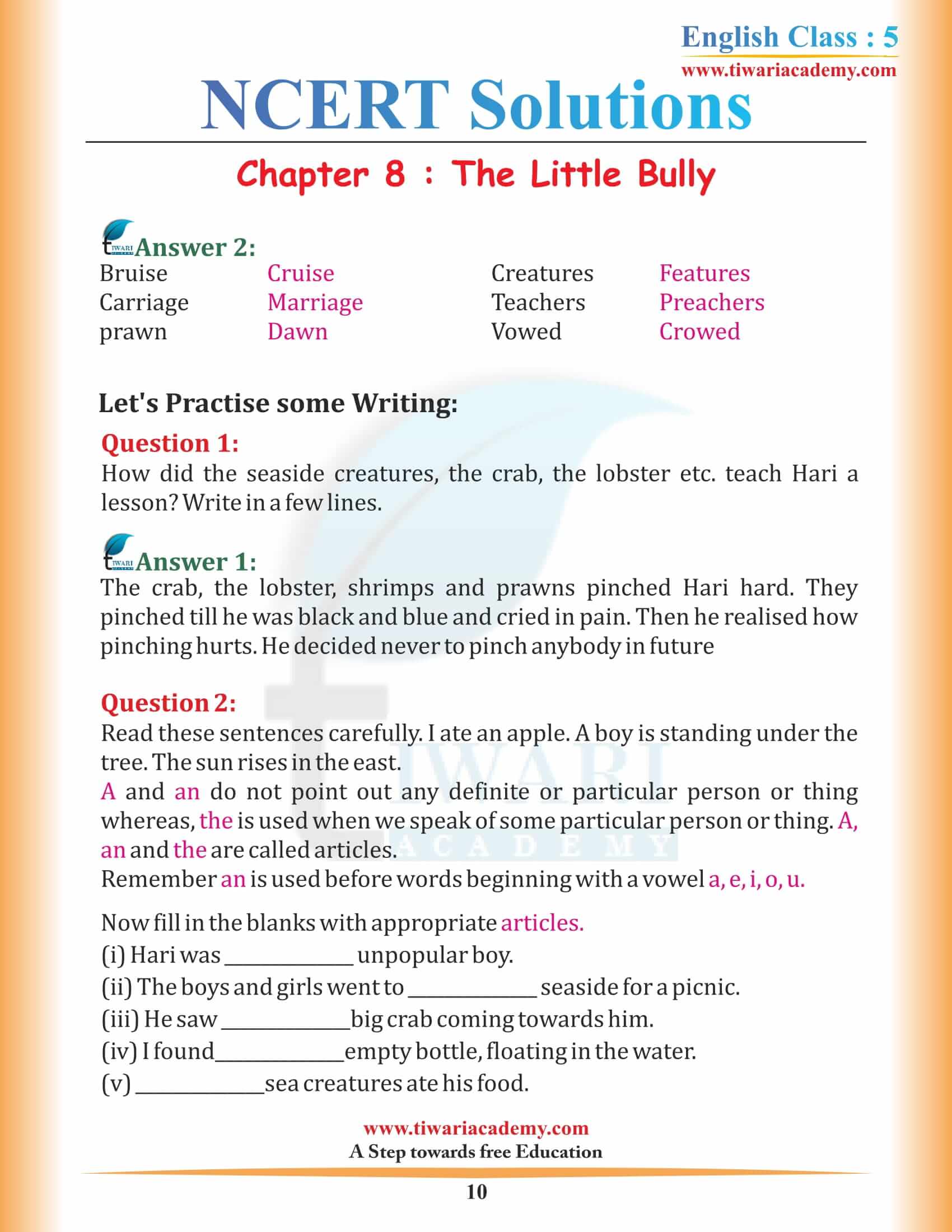 NCERT Solutions for Class 5 English Chapter 8 The Little Bully HIndi Download