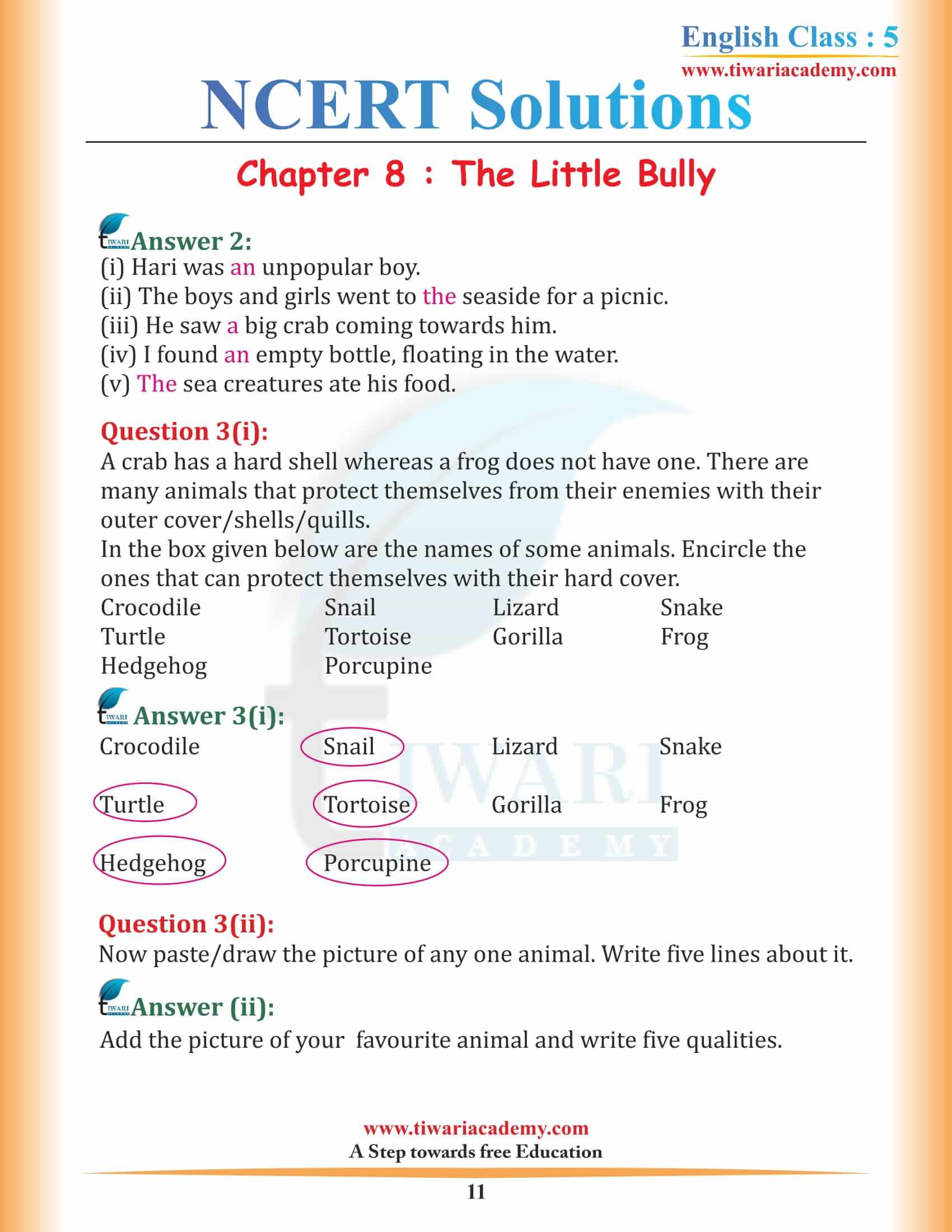 NCERT Solutions for Class 5 English Chapter 8 The Little Bully in PDF free