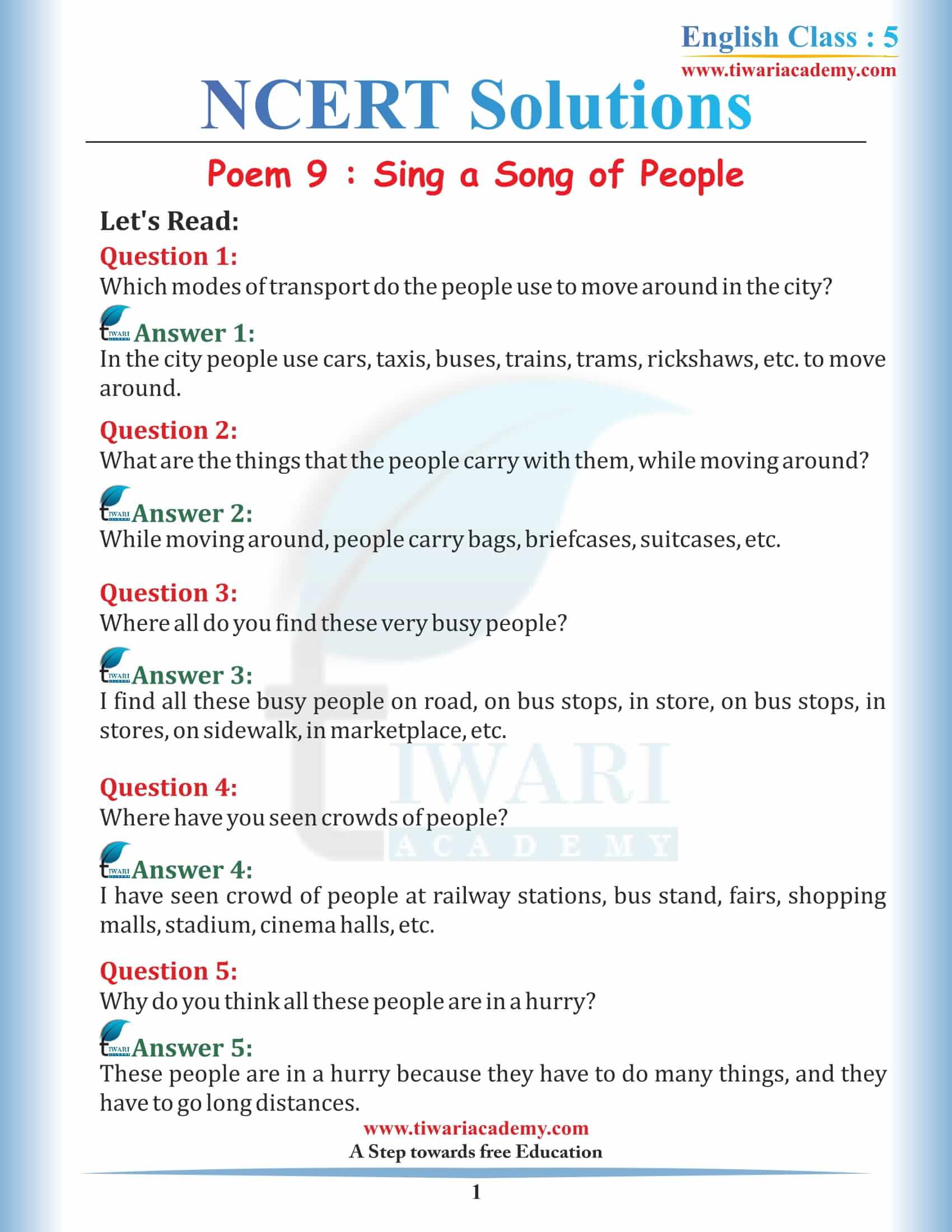 NCERT Solutions for Class 5 English Chapter 9 Sing a Song of People