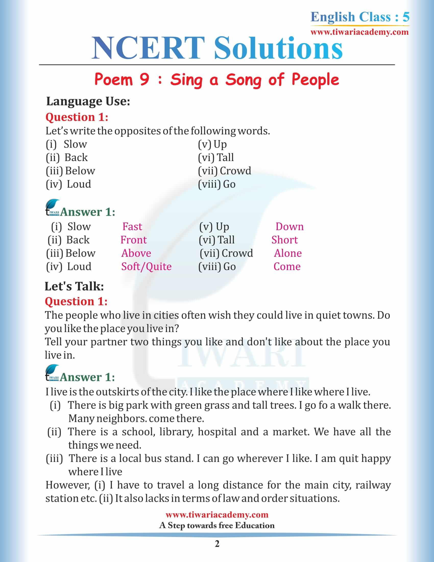 NCERT Solutions for Class 5 English Chapter 9 Sing a Song of People in Hindi Medium