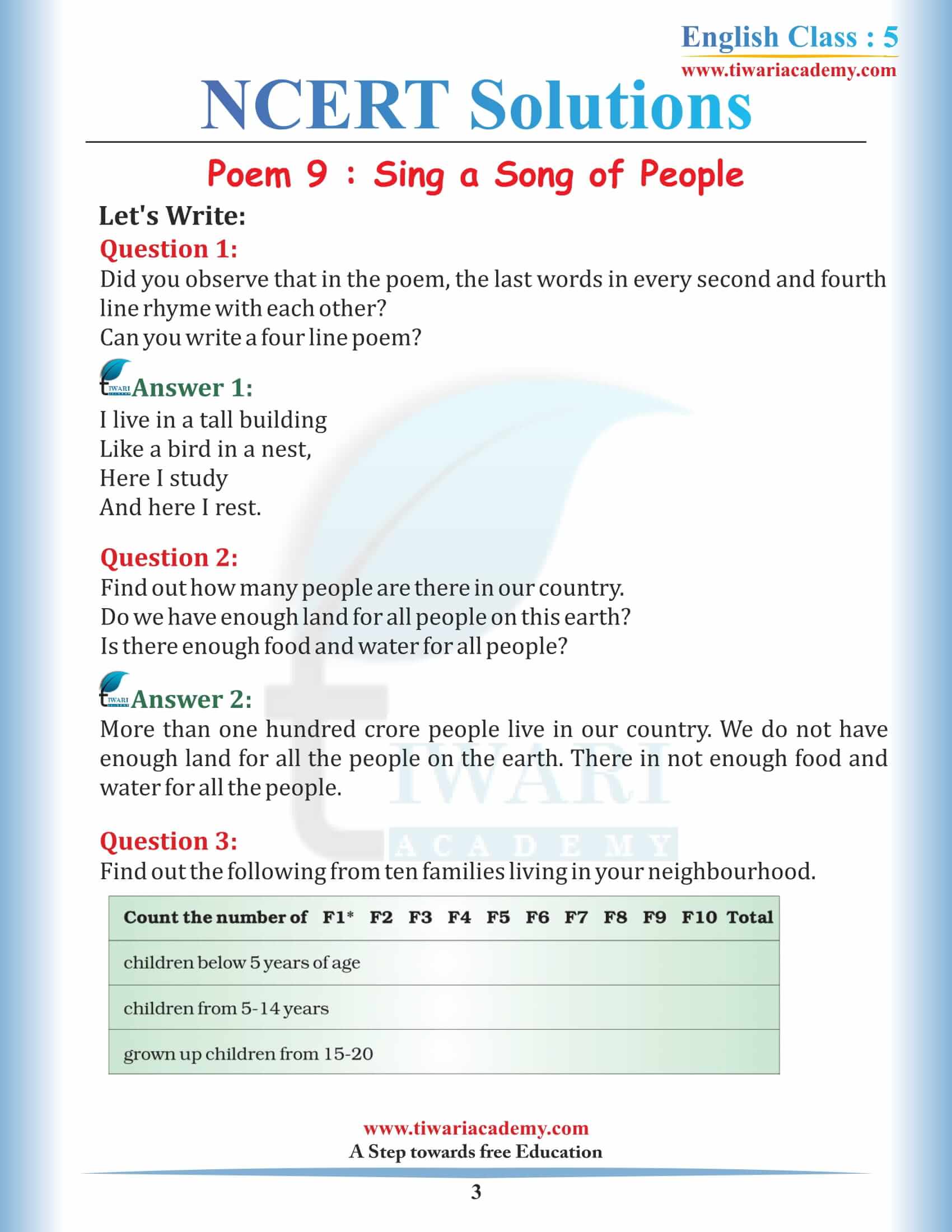 NCERT Solutions for Class 5 English Chapter 9 Sing a Song of People in Hindi Medium free