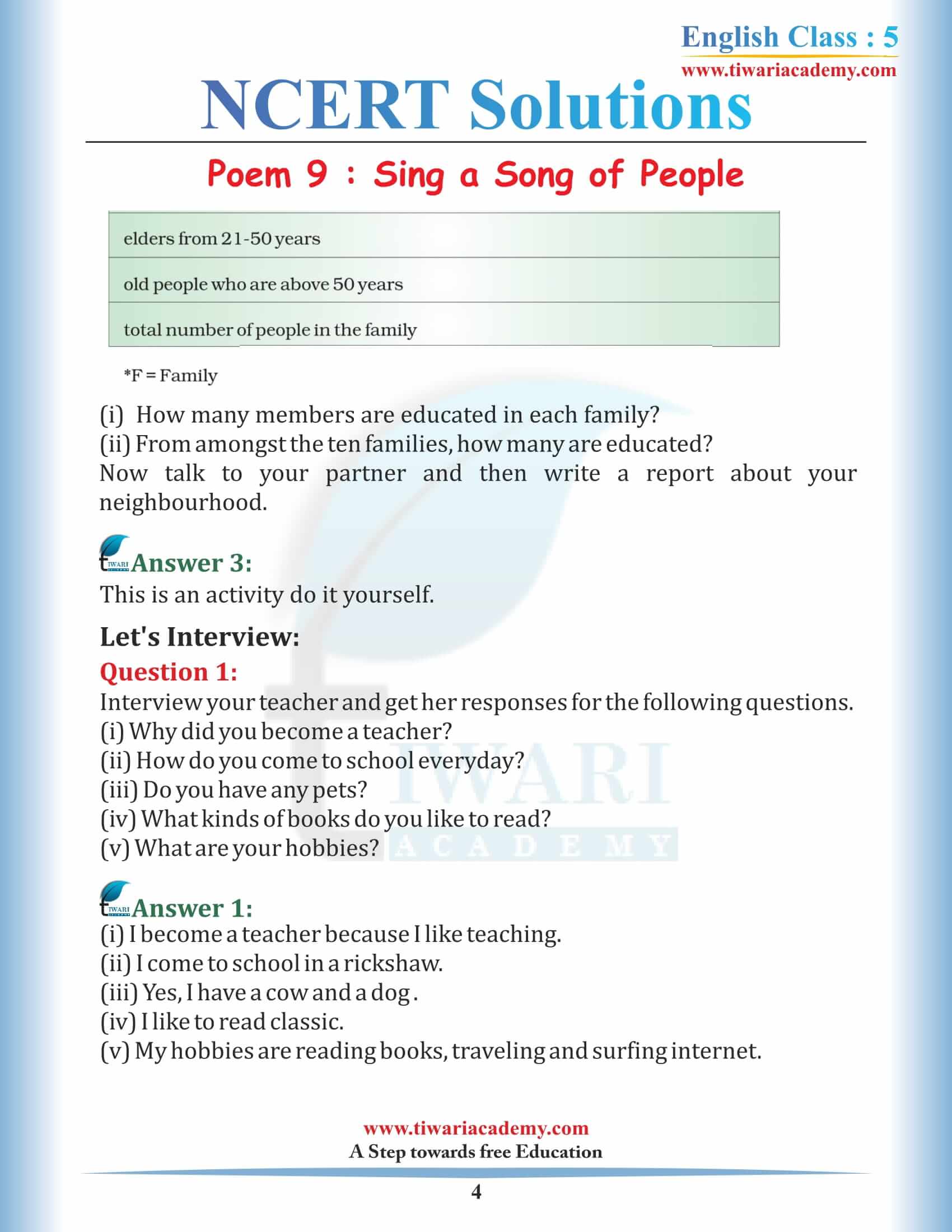 NCERT Solutions for Class 5 English Chapter 9 Sing a Song of People free download