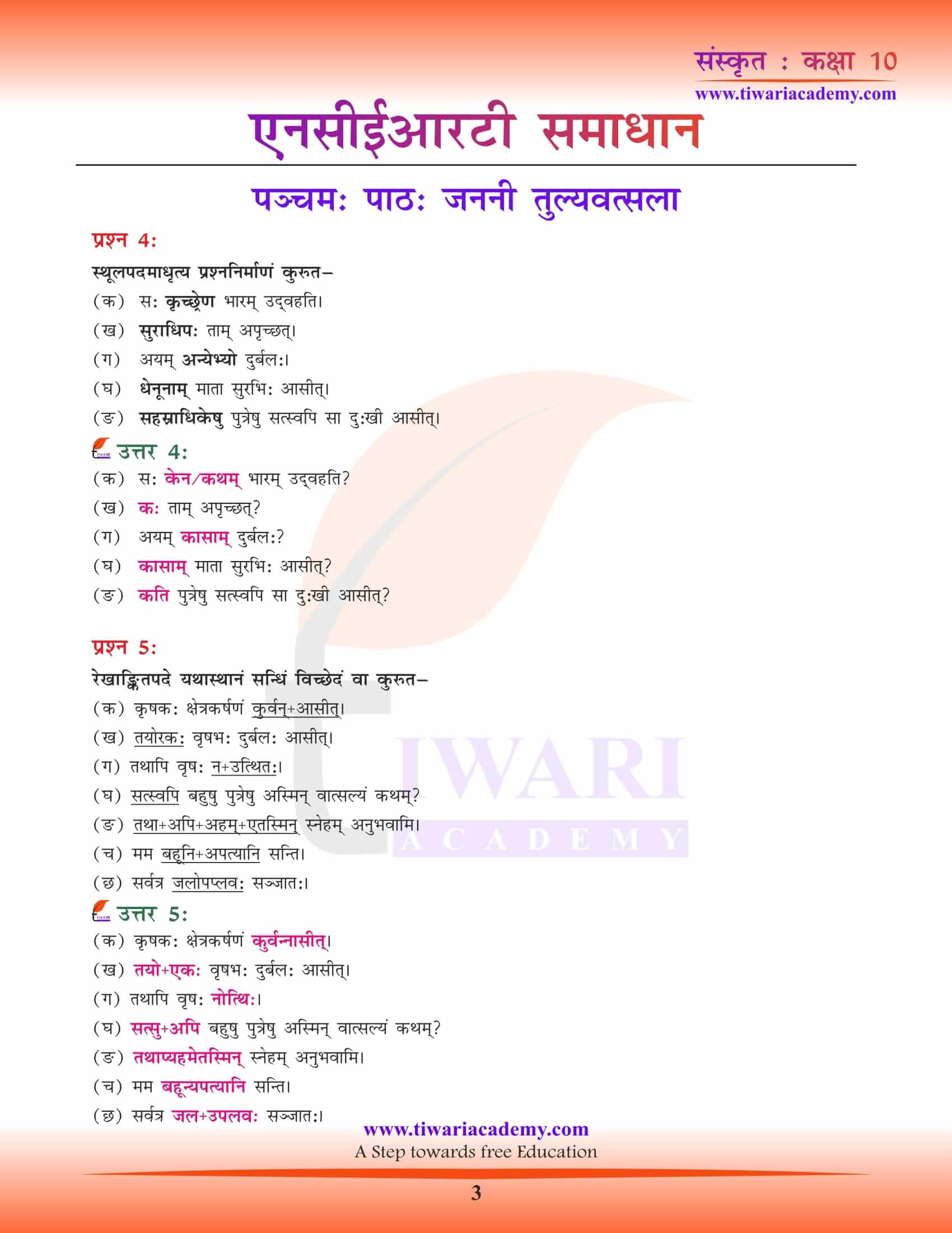 NCERT Solutions for Class 10 Sanskrit chapter 5 in Hindi