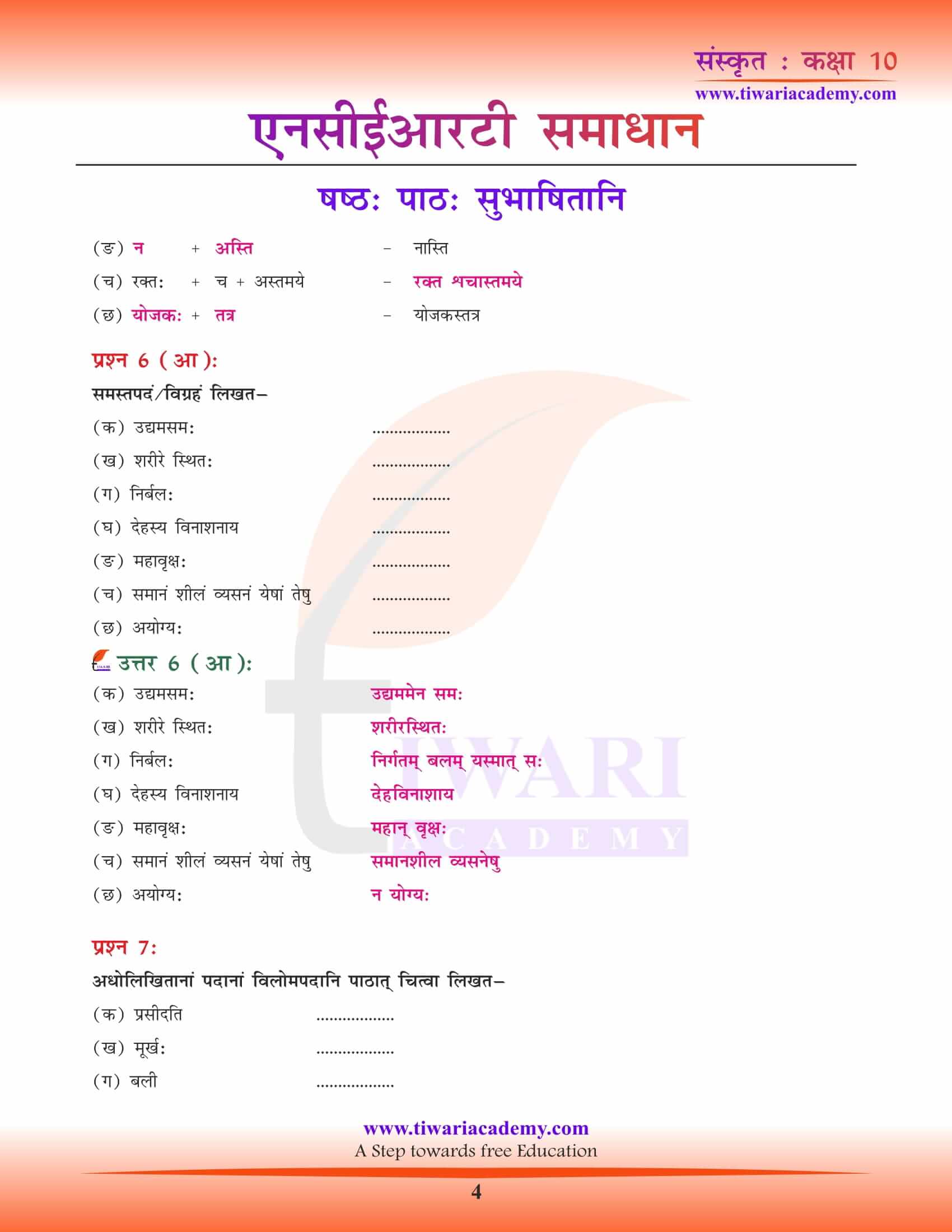 NCERT Solutions for class 10 Sanskrit Chapter 6 Hindi medium
