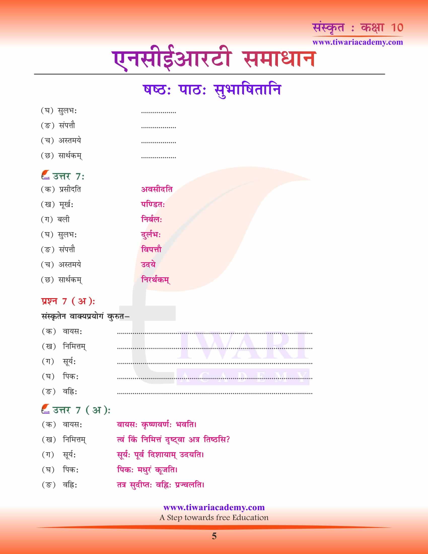 NCERT Solutions for class 10 Sanskrit Chapter 6 all answers