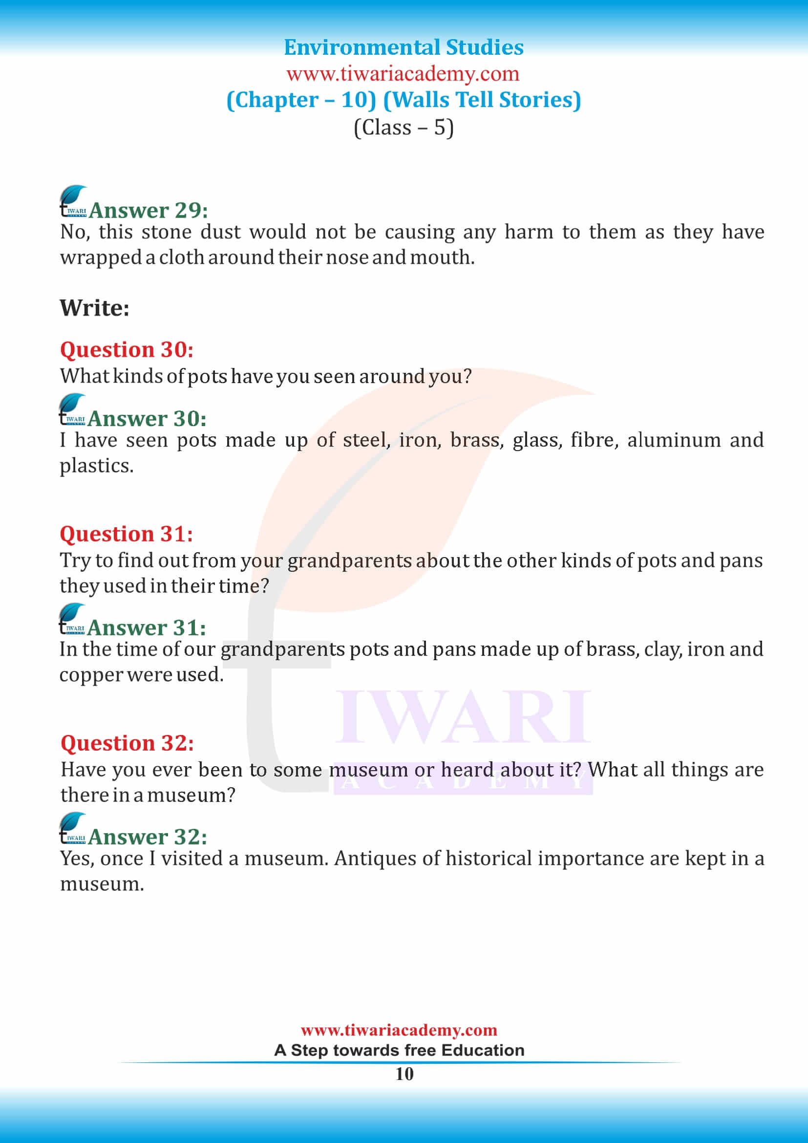 Class 5 EVS Chapter 10 question answers