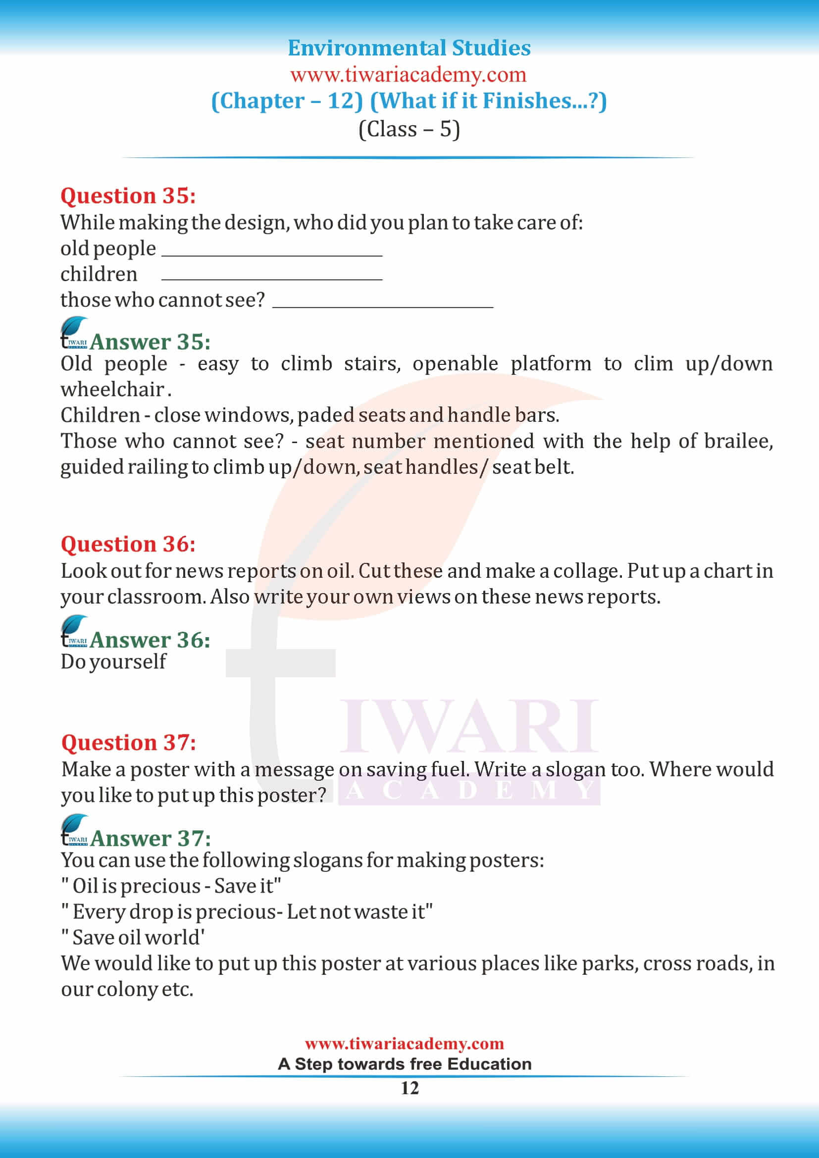 Class 5 EVS Chapter 12 NCERT Solutions free