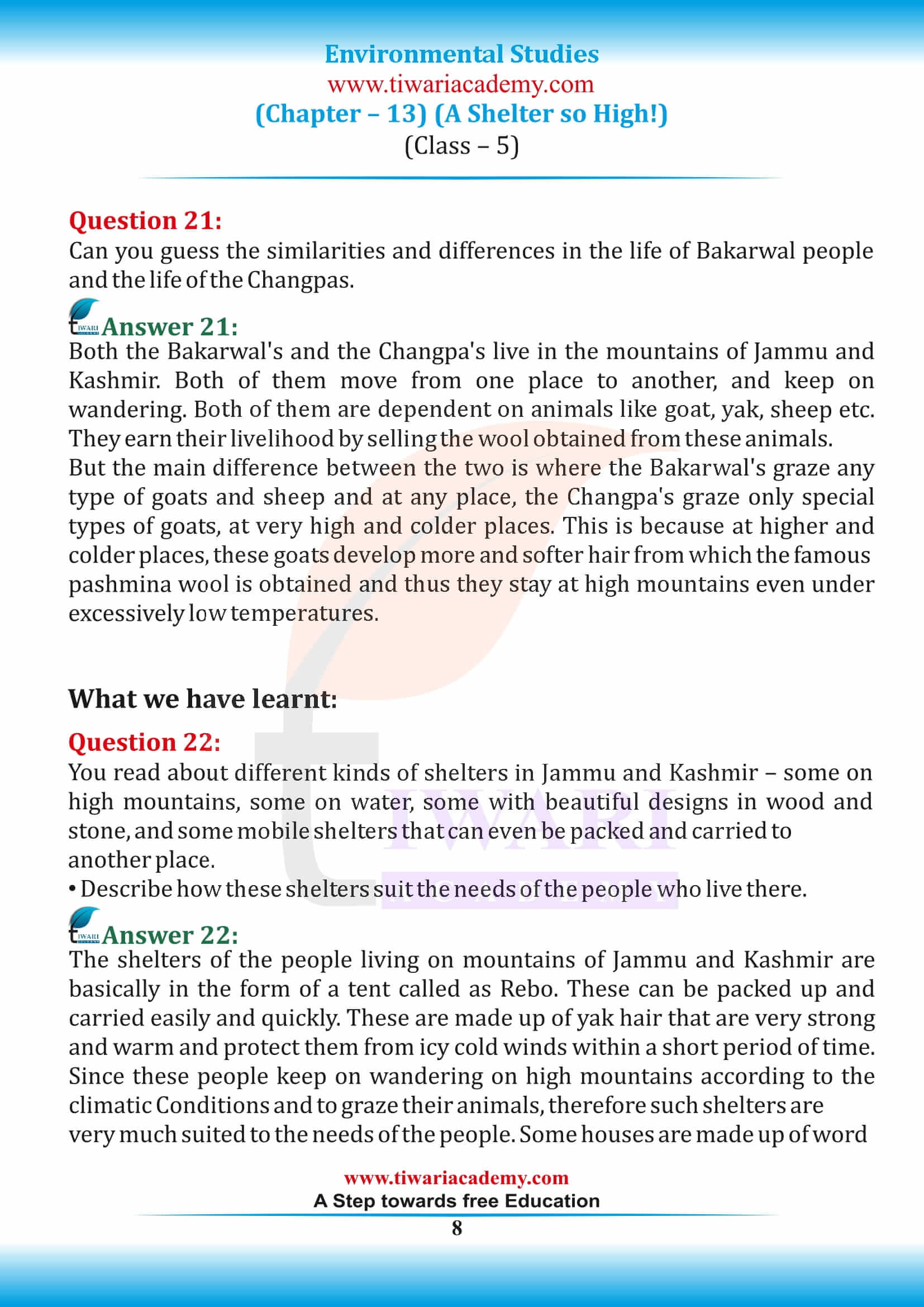 Class 5 EVS Chapter 13 in English Medium