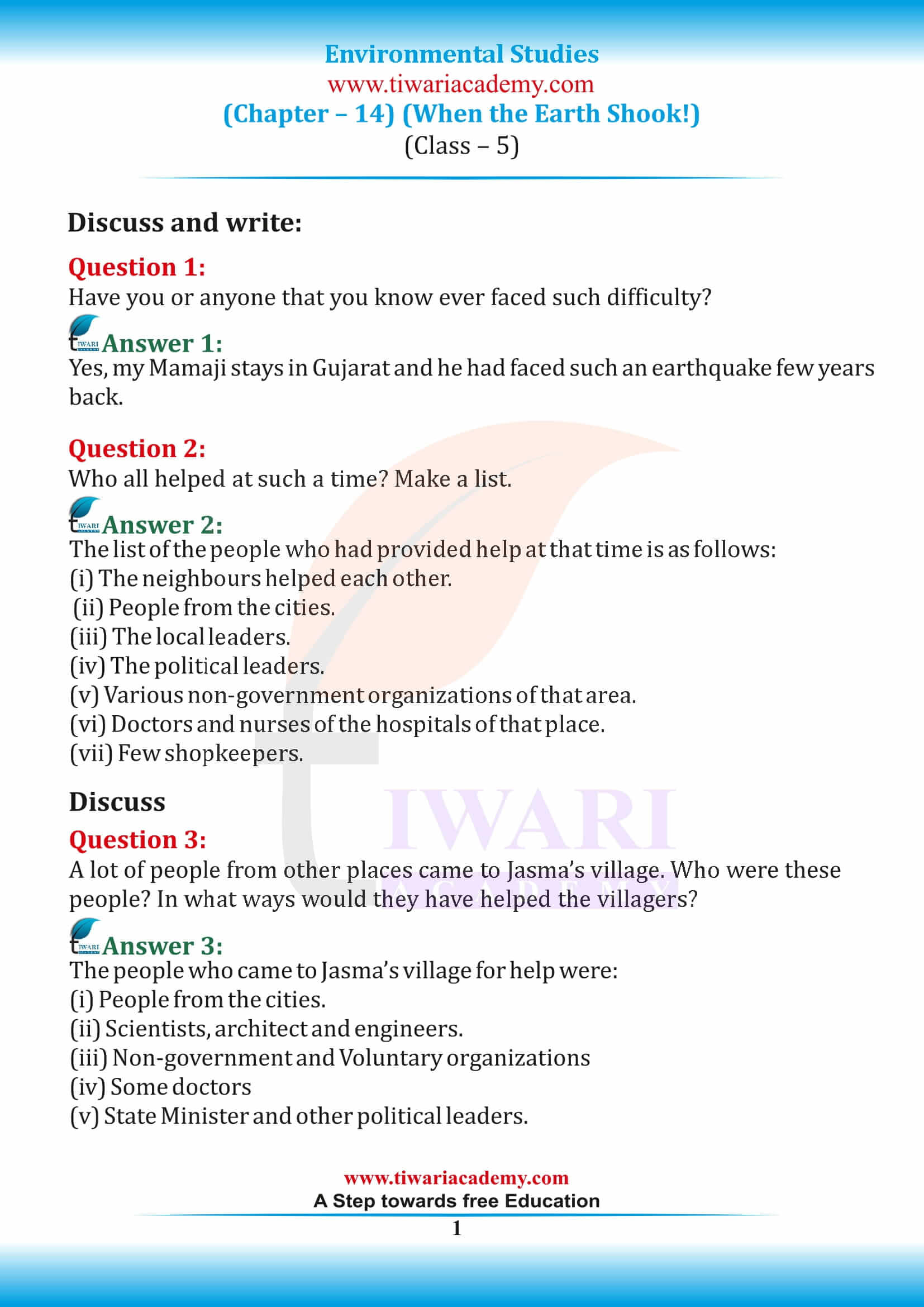 NCERT Solutions for Class 5 EVS Chapter 14 When the Earth Shook
