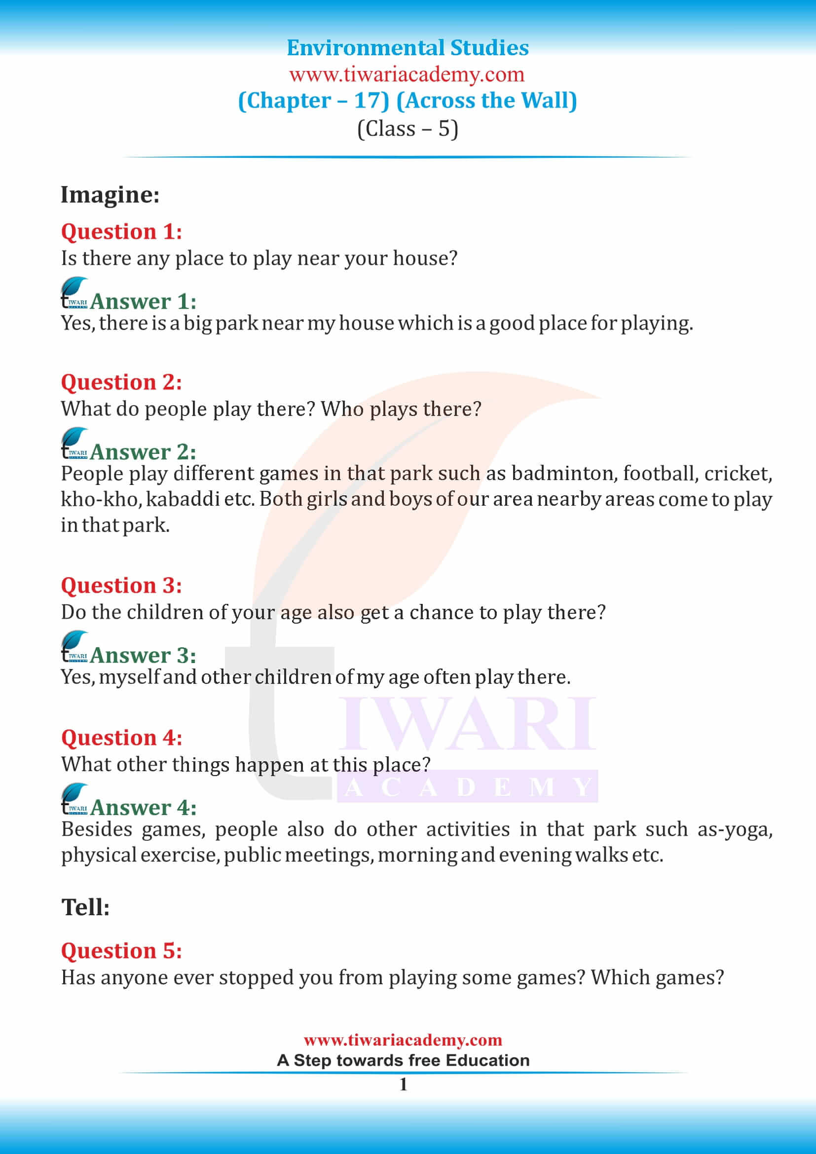 NCERT Solutions Class 5 EVS Chapter 17 Across the Wall - Download Free PDF