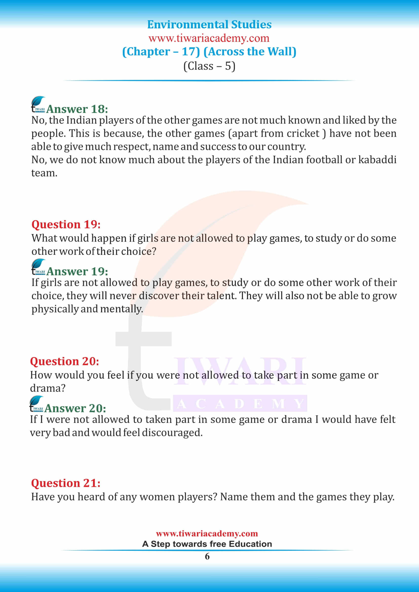 NCERT Solutions Class 5 EVS Chapter 17 Across the Wall - Download Free PDF