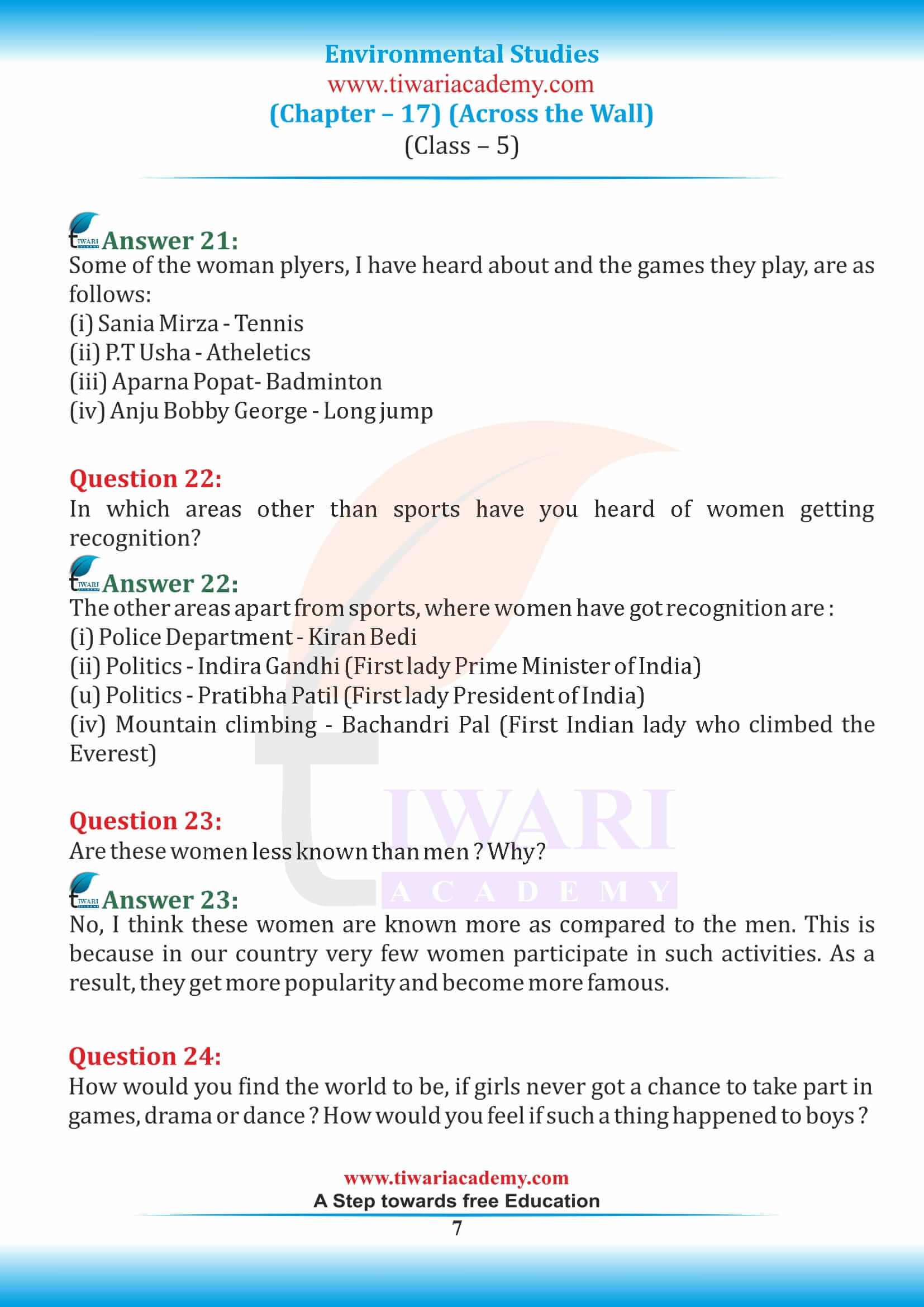 NCERT Solutions Class 5 EVS Chapter 17 Across the Wall - Download Free PDF