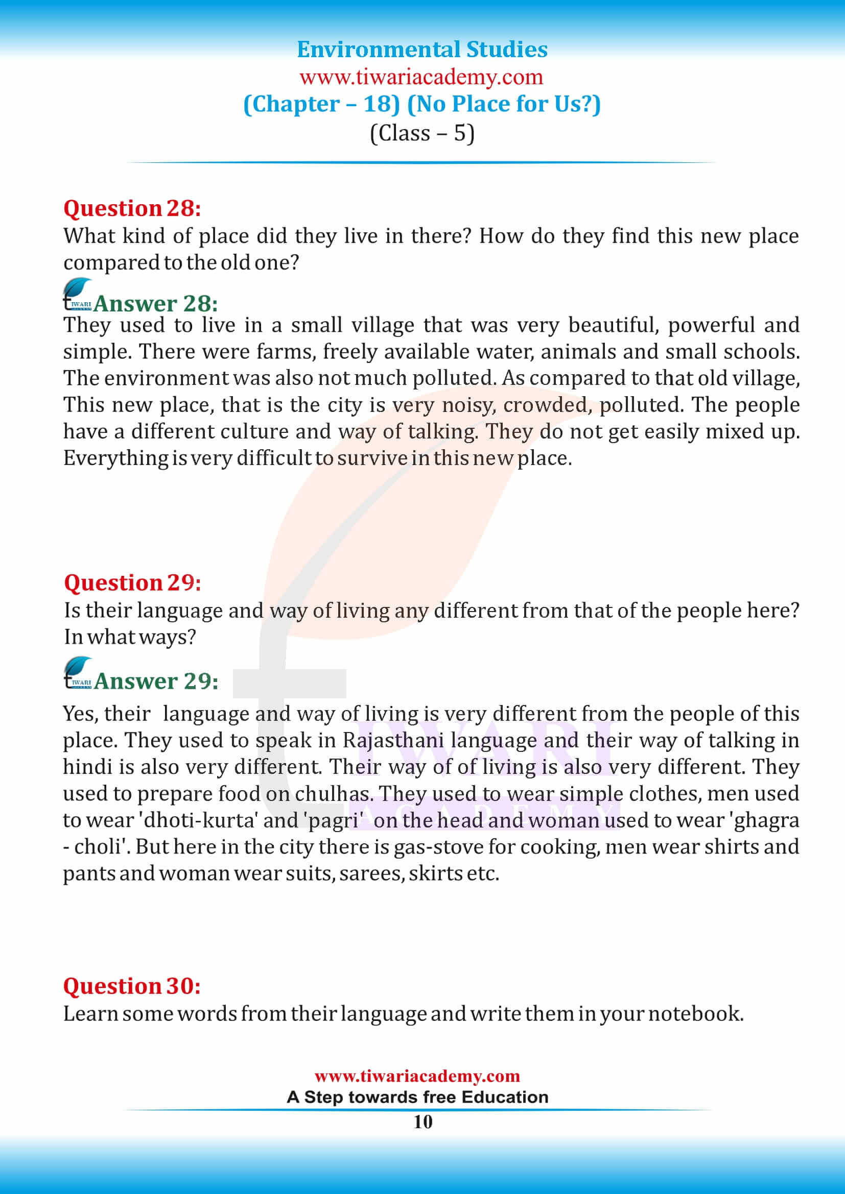 Class 5 EVS Chapter 18 question answers