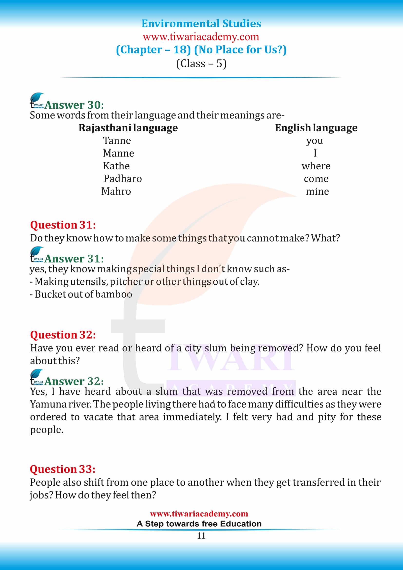 Class 5 EVS Chapter 18 in English Medium