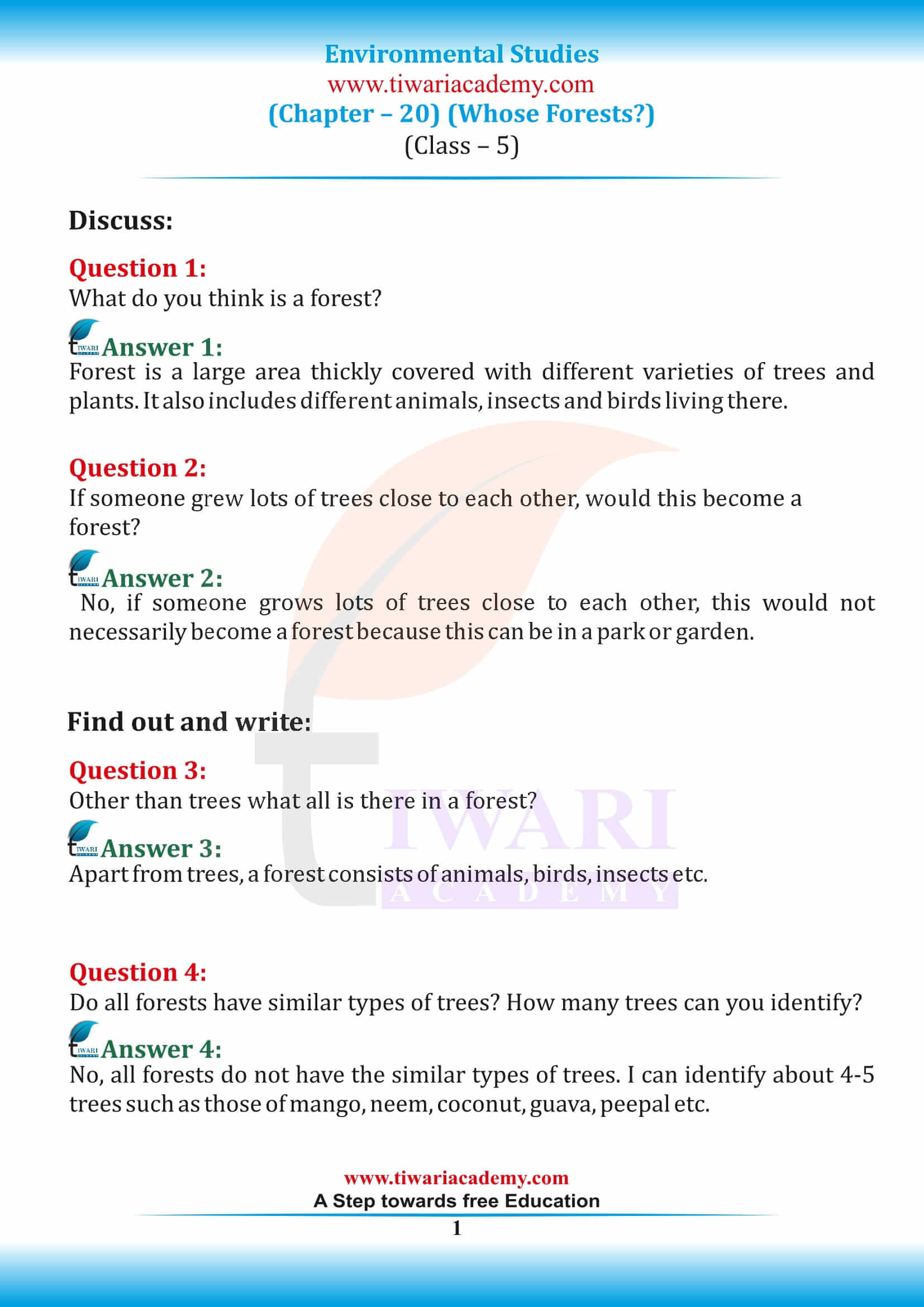 NCERT Solutions for Class 5 EVS Chapter 20 Whose Forests