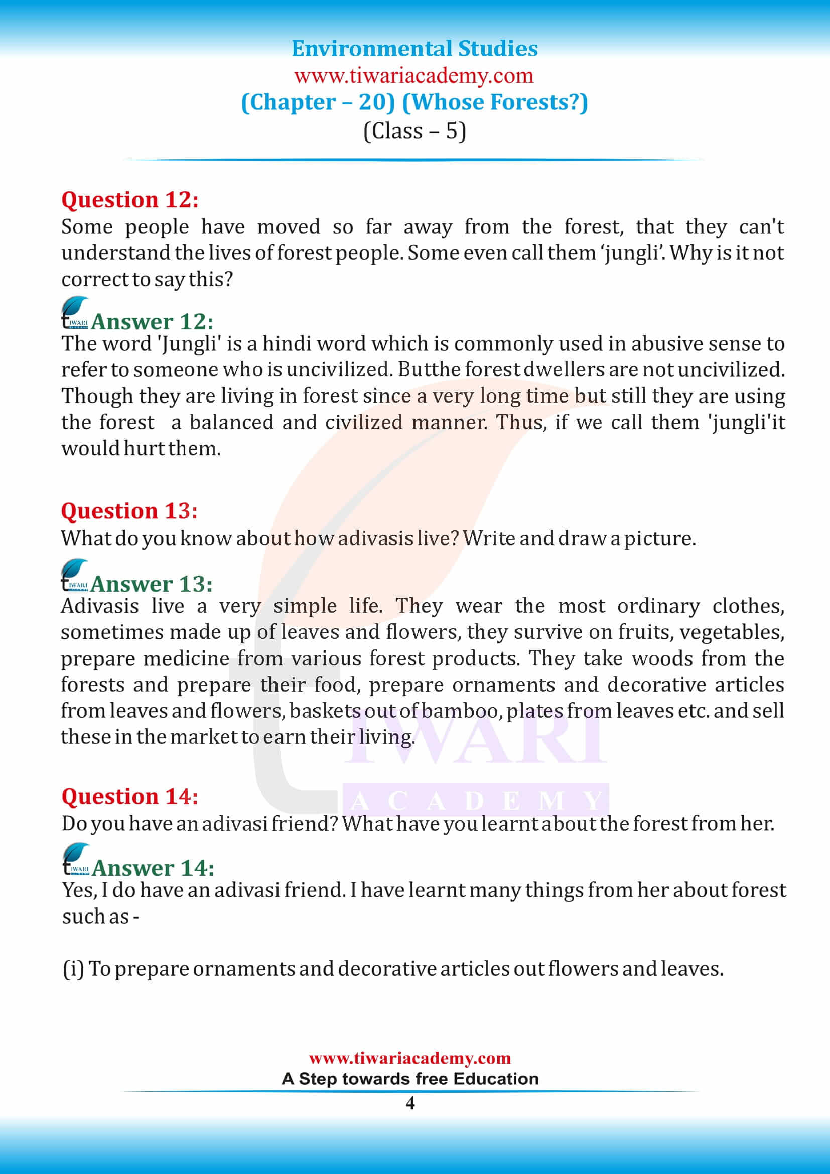 NCERT Solutions for Class 5 EVS Chapter 20 in English Medium