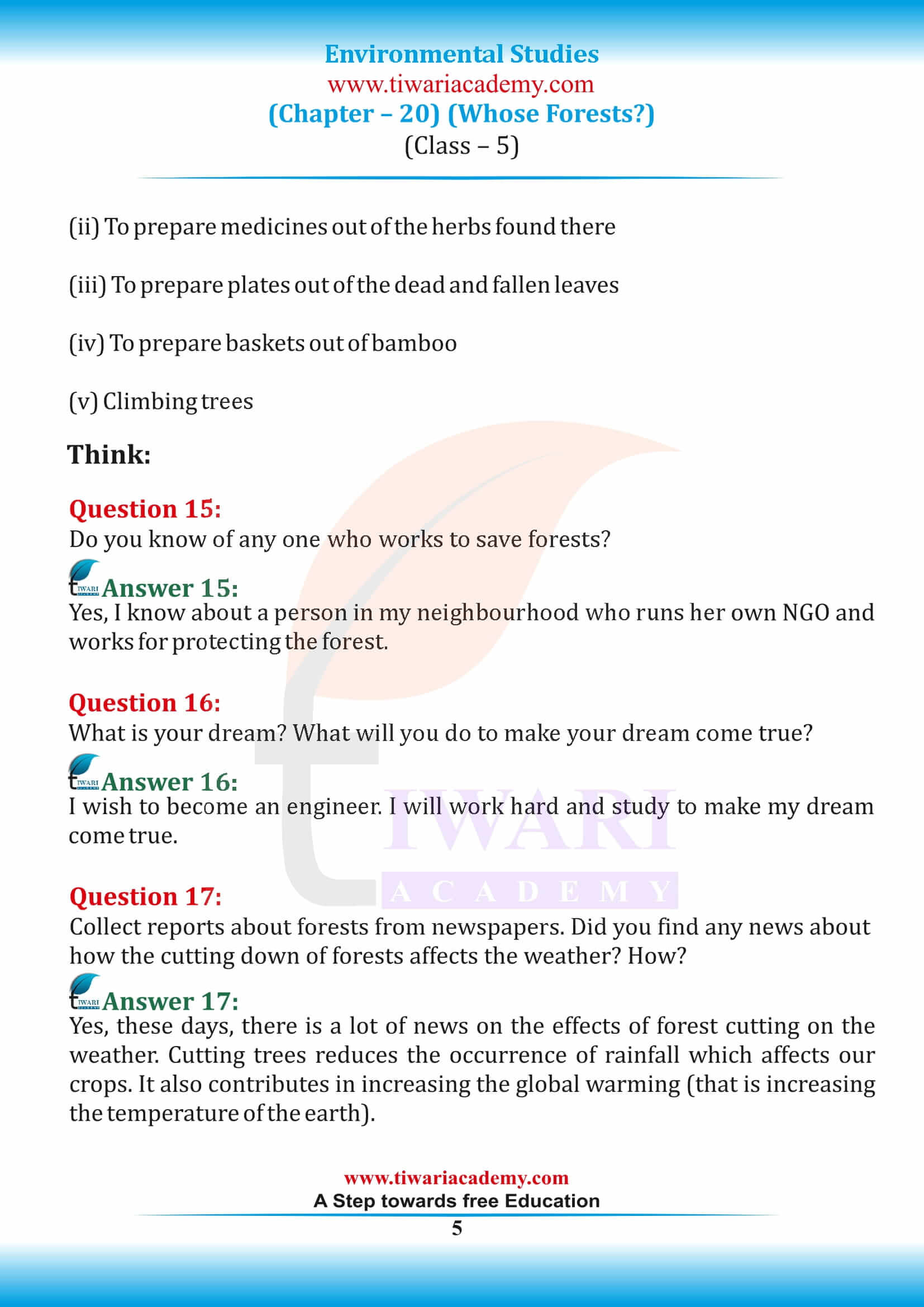NCERT Solutions for Class 5 EVS Chapter 20 free download