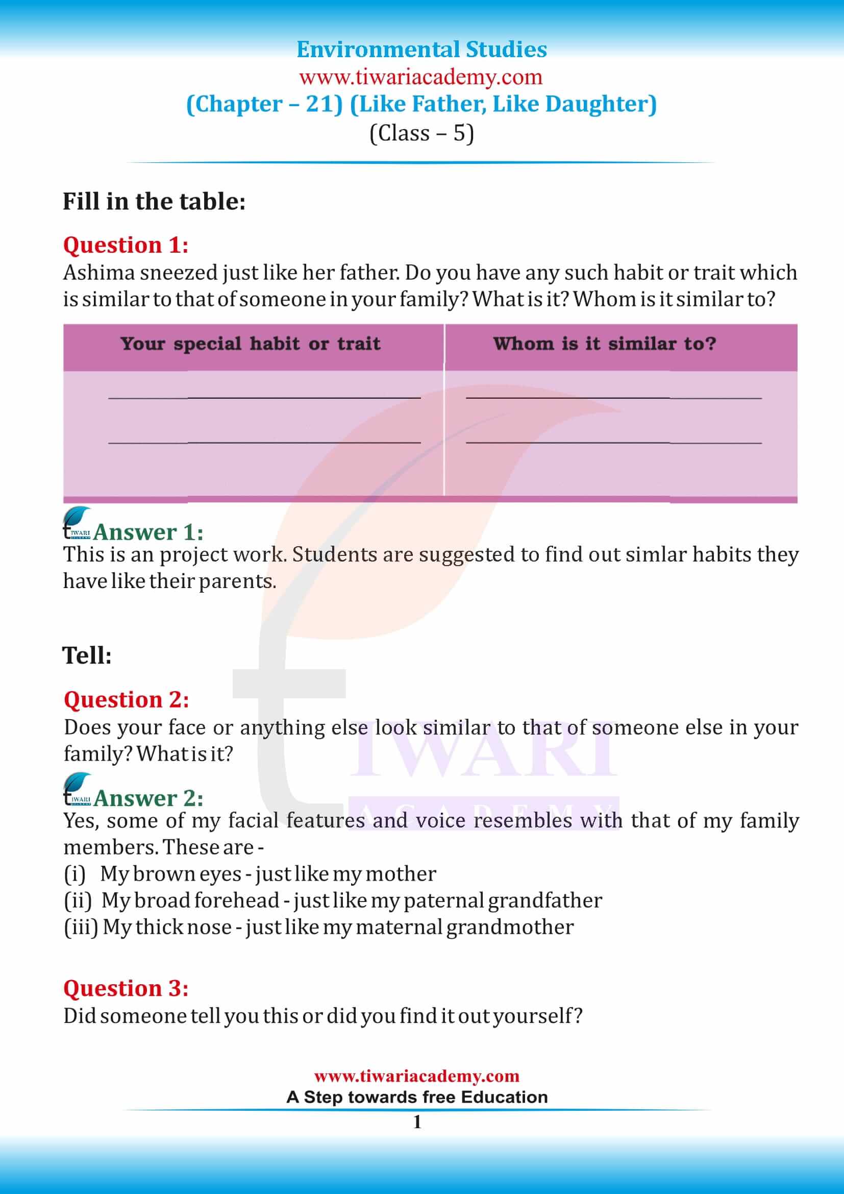 NCERT Solutions for Class 5 EVS Chapter 21 Like Father, Like Daughter