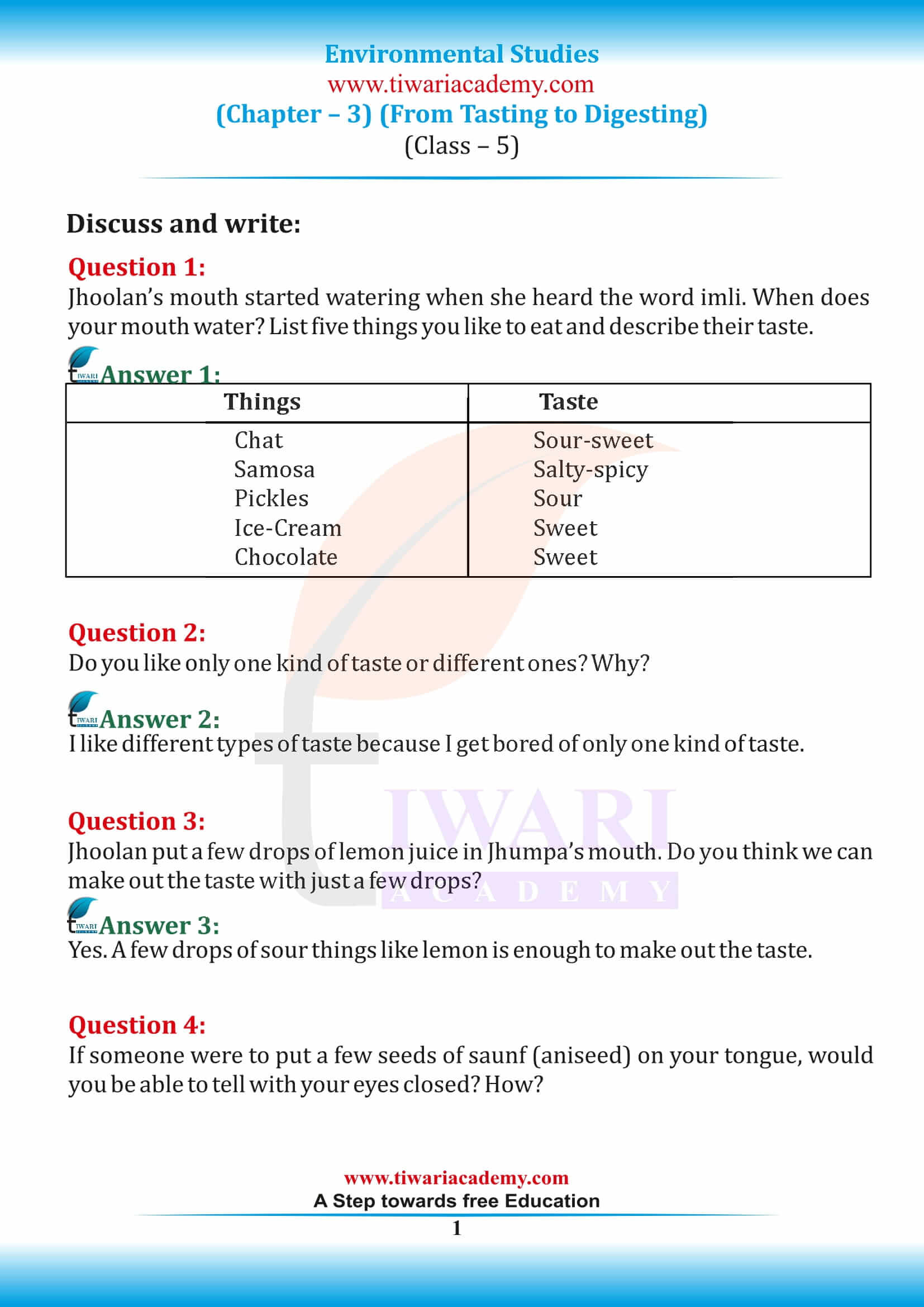 NCERT Solutions for Class 5 EVS Chapter 3 From Tasting to Digesting