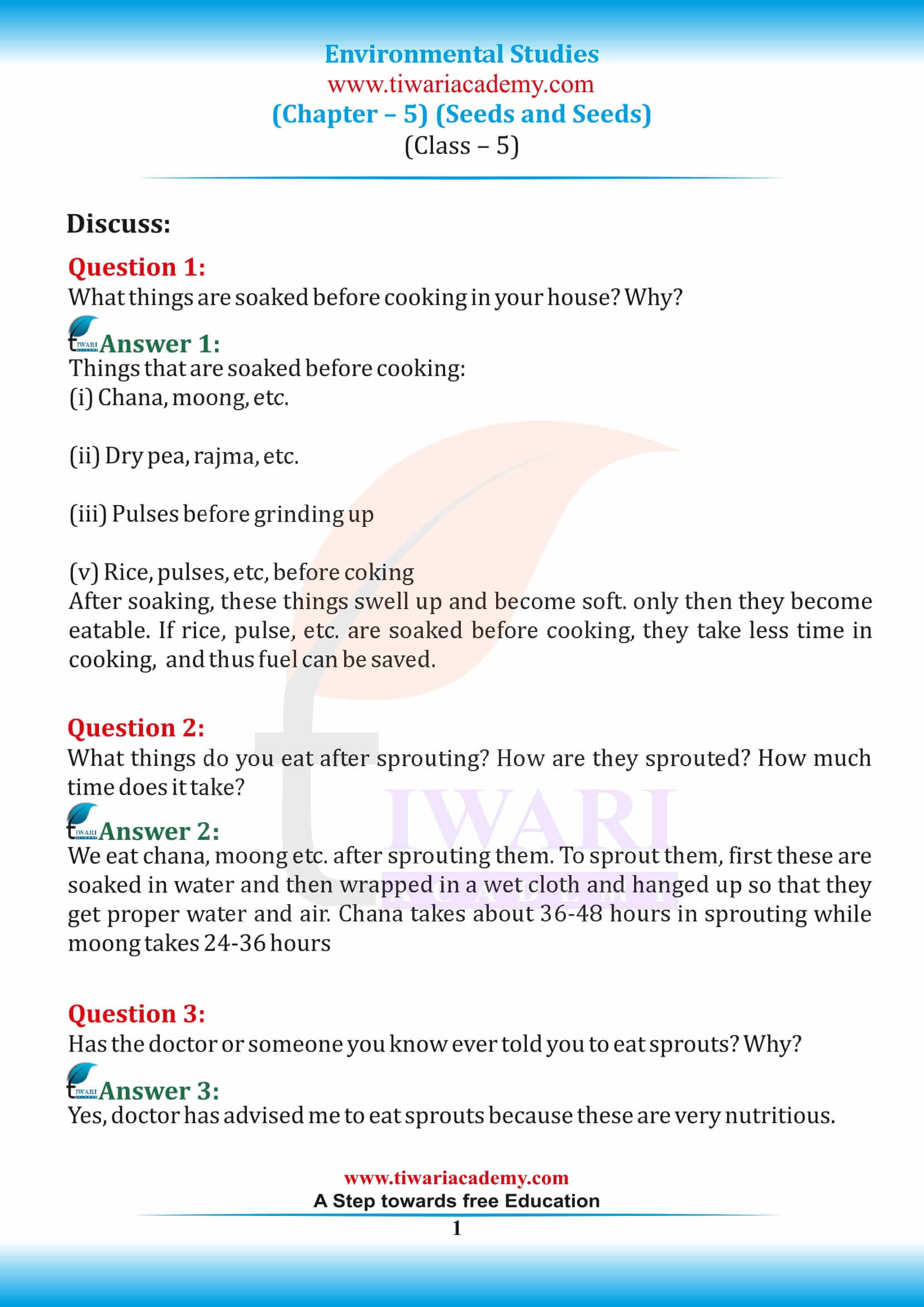 NCERT Solutions for Class 5 EVS Chapter 5 Seeds and Seeds