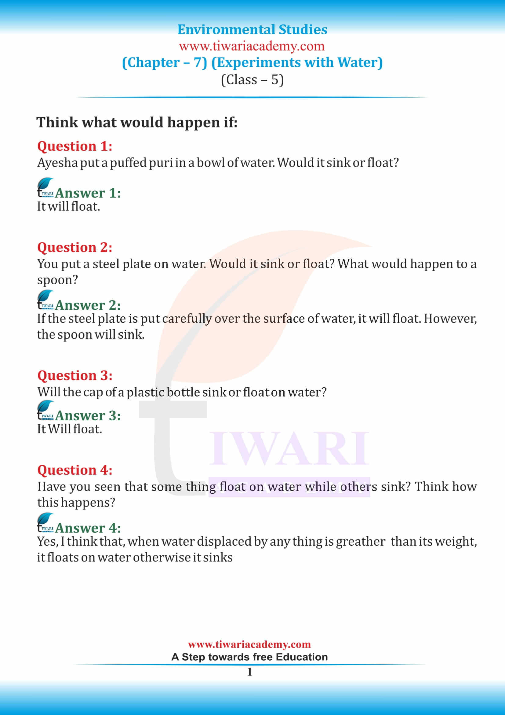 NCERT Solutions for Class 5 EVS Chapter 7 Experiments with Water