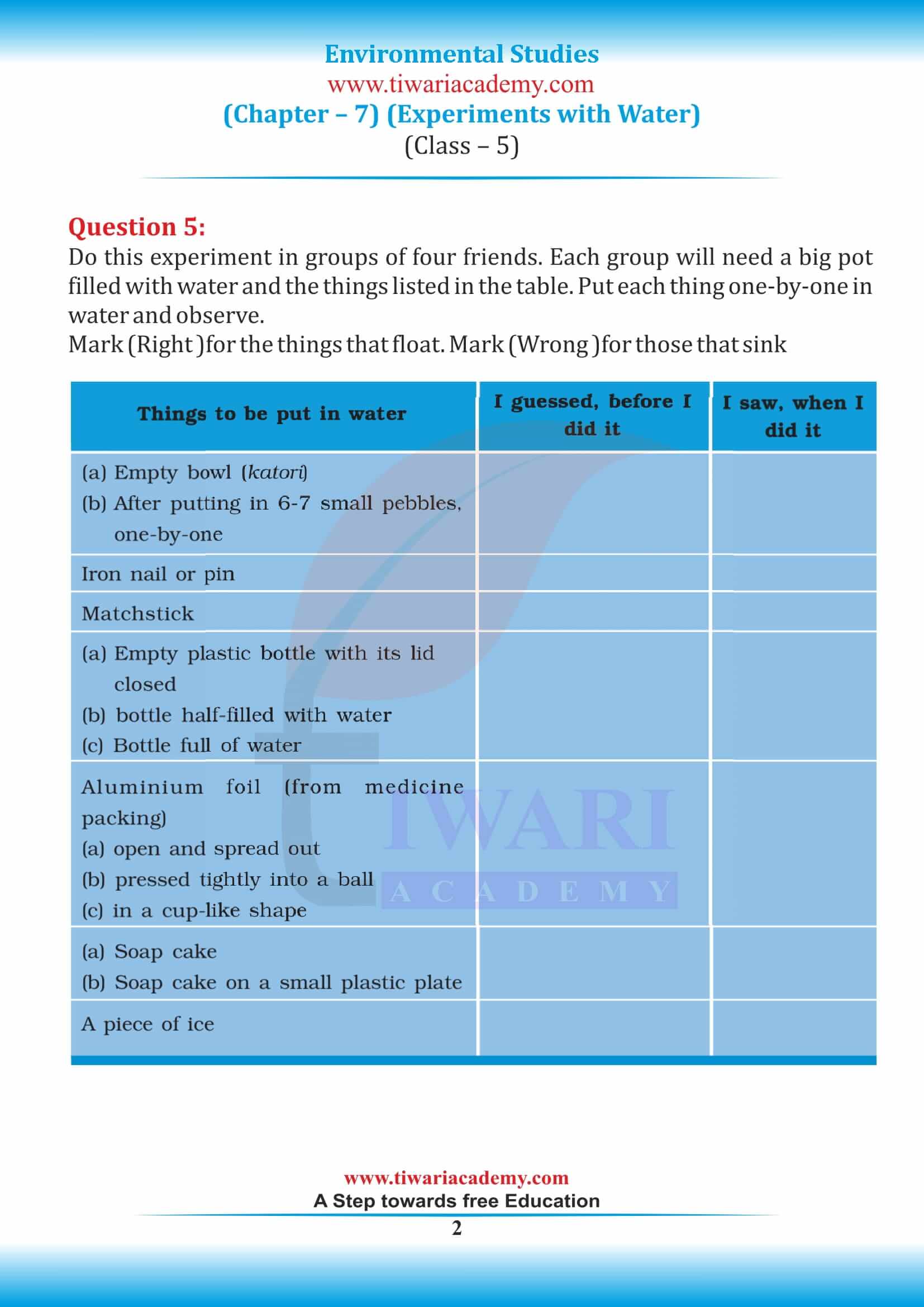 Class 5 EVS Chapter 7 Experiments with Water