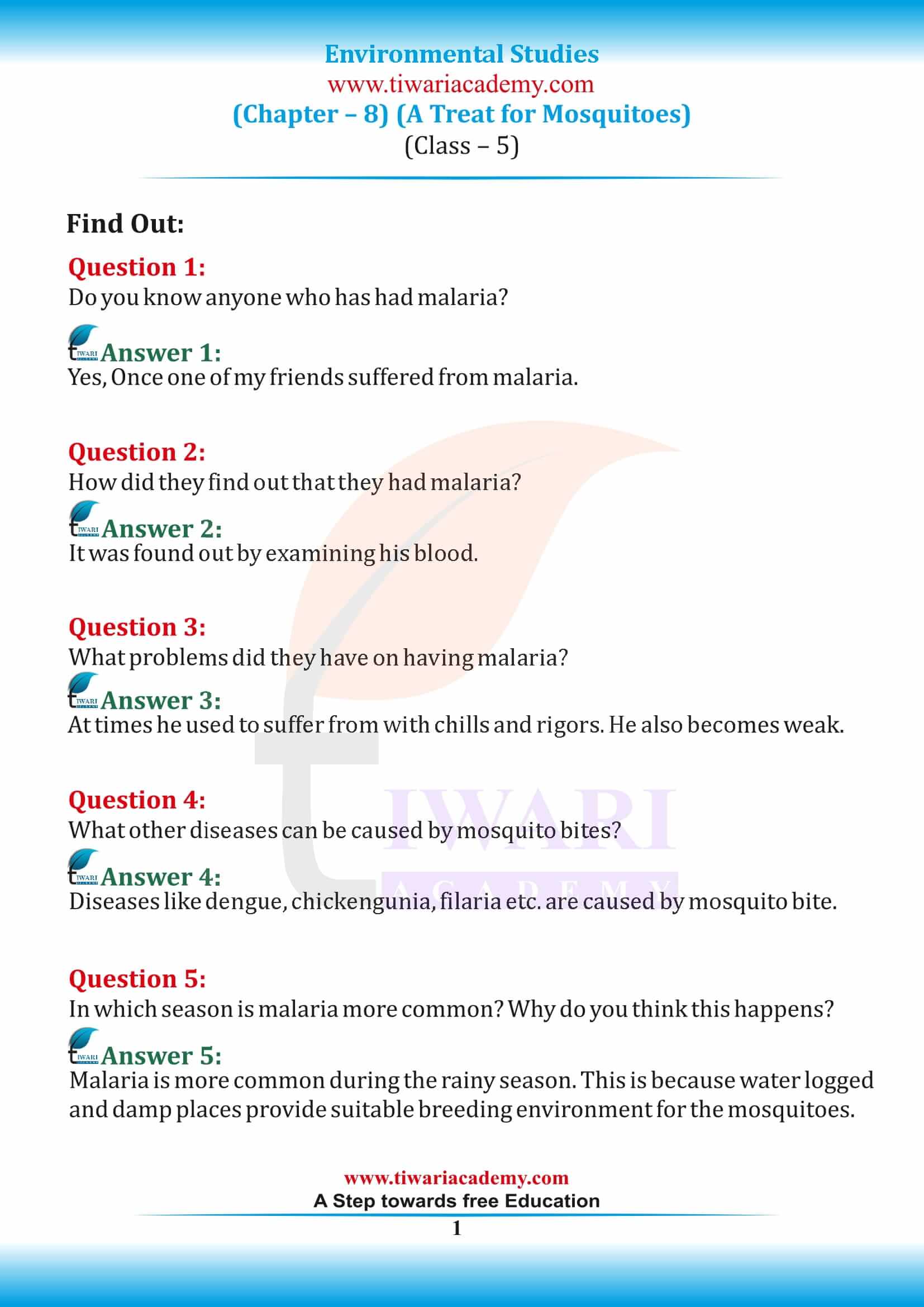 NCERT Solutions for Class 5 EVS Chapter 8 A Treat for Mosquitoes