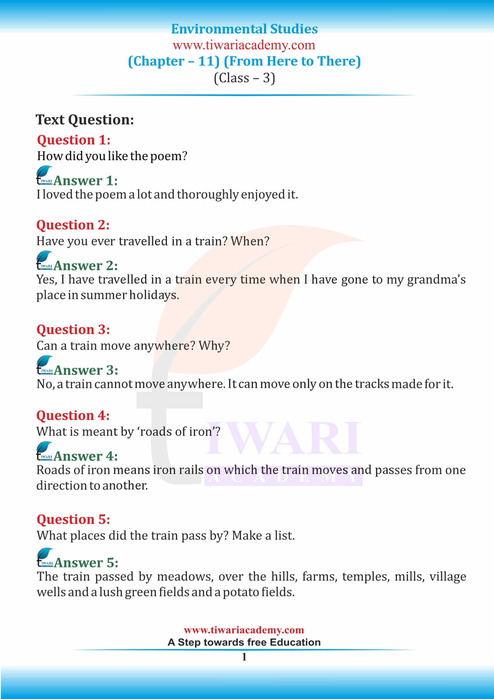 NCERT Solutions for Class 3 EVS Chapter 11 From Here to There