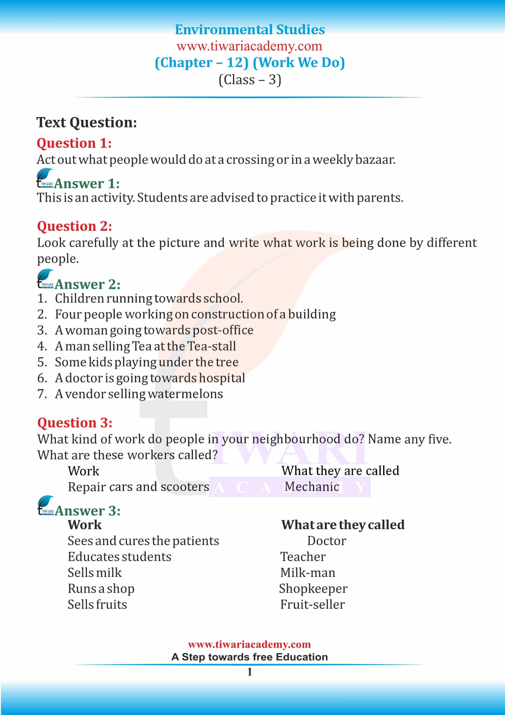 NCERT Solutions for Class 3 EVS Work We Do - Learn CBSE