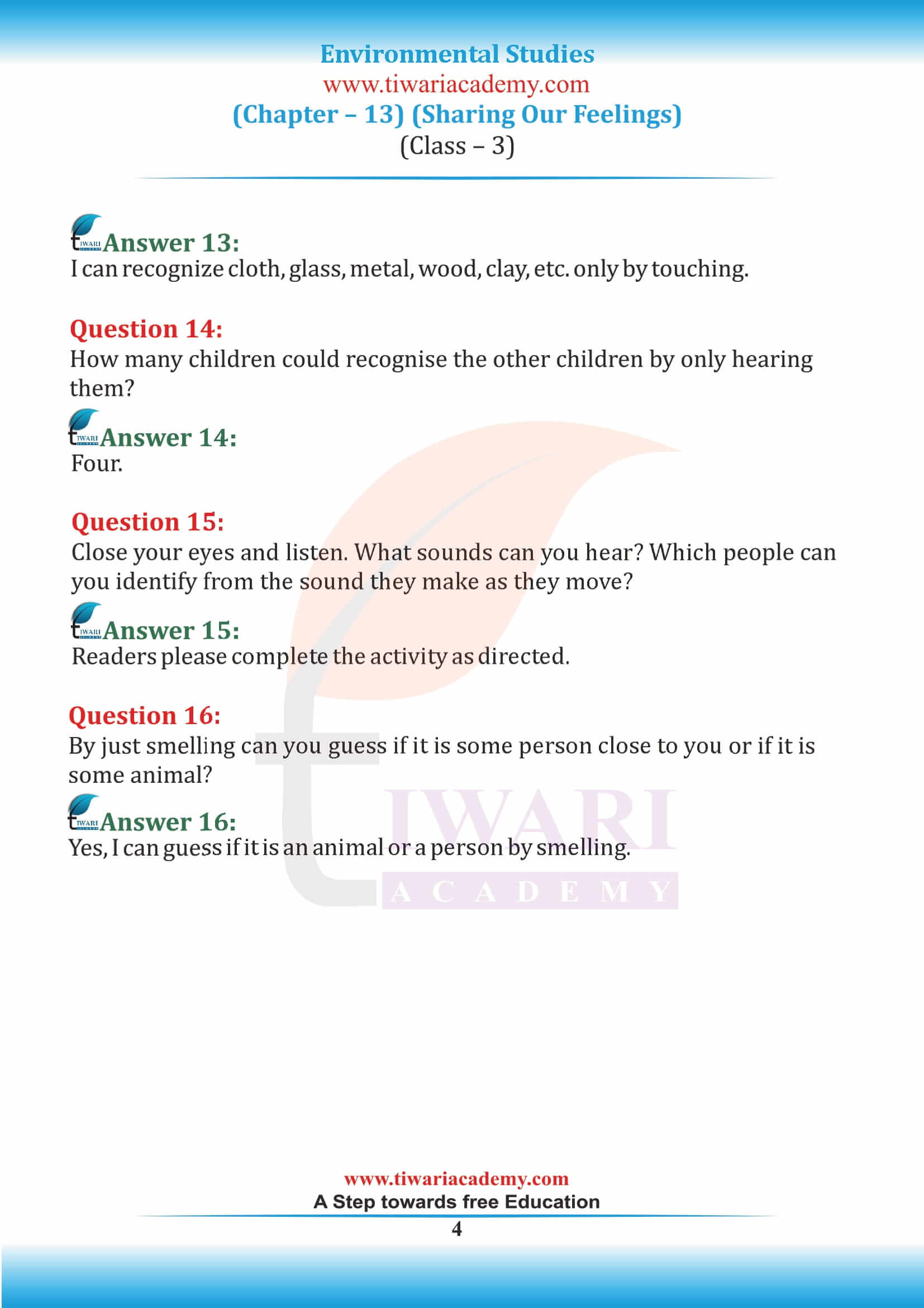 Class 3 EVS Chapter 13 NCERT Solution