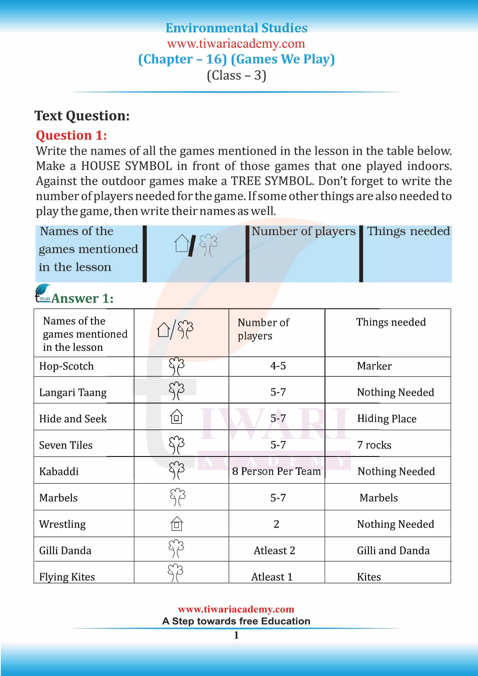 NCERT Solutions for Class 3 EVS Chapter 16 Games We Play