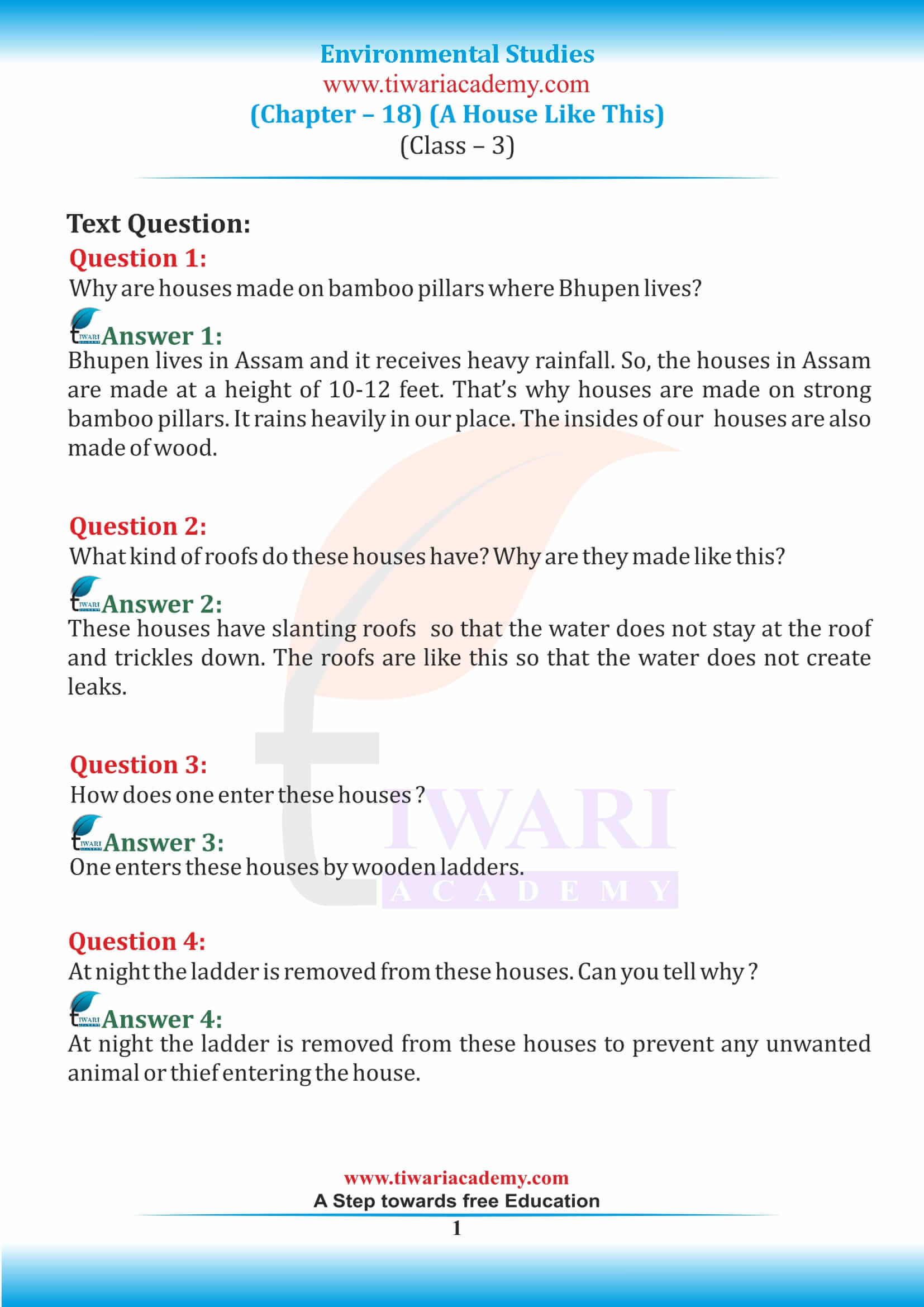 NCERT Solutions for Class 3 EVS Chapter 18 A House Like This