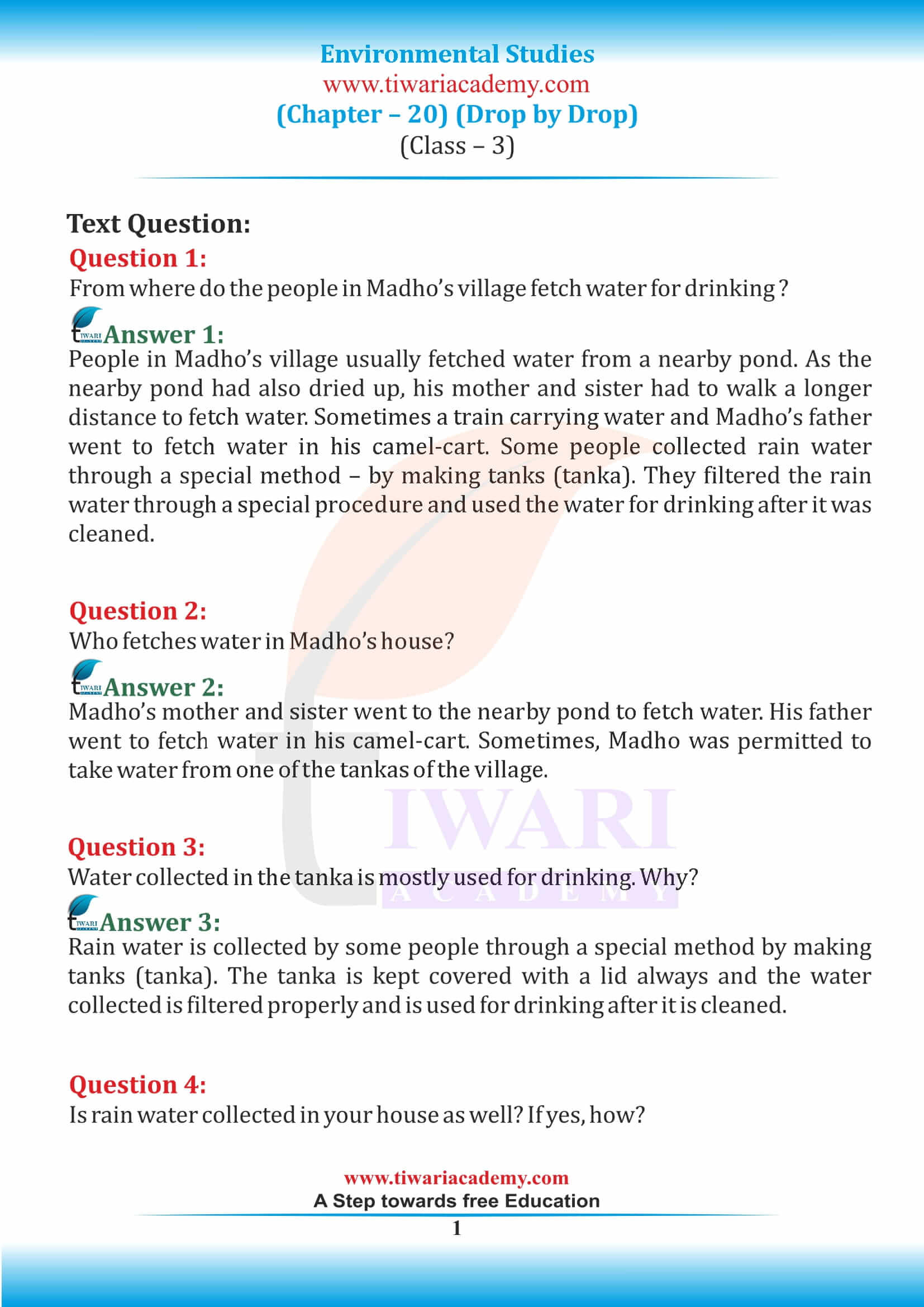 NCERT Solutions for Class 3 EVS Chapter 20 Drop by Drop