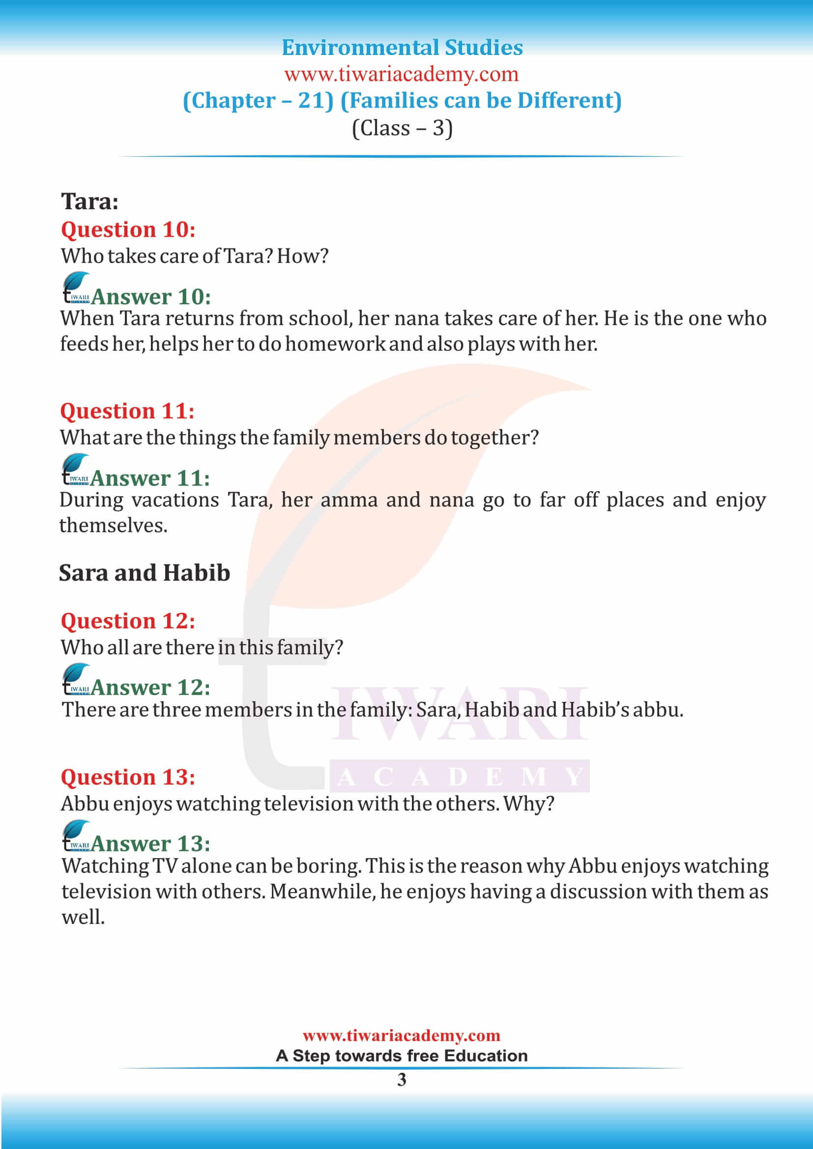 NCERT Solutions for Class 3 EVS Chapter 21 - Families Can Be Different