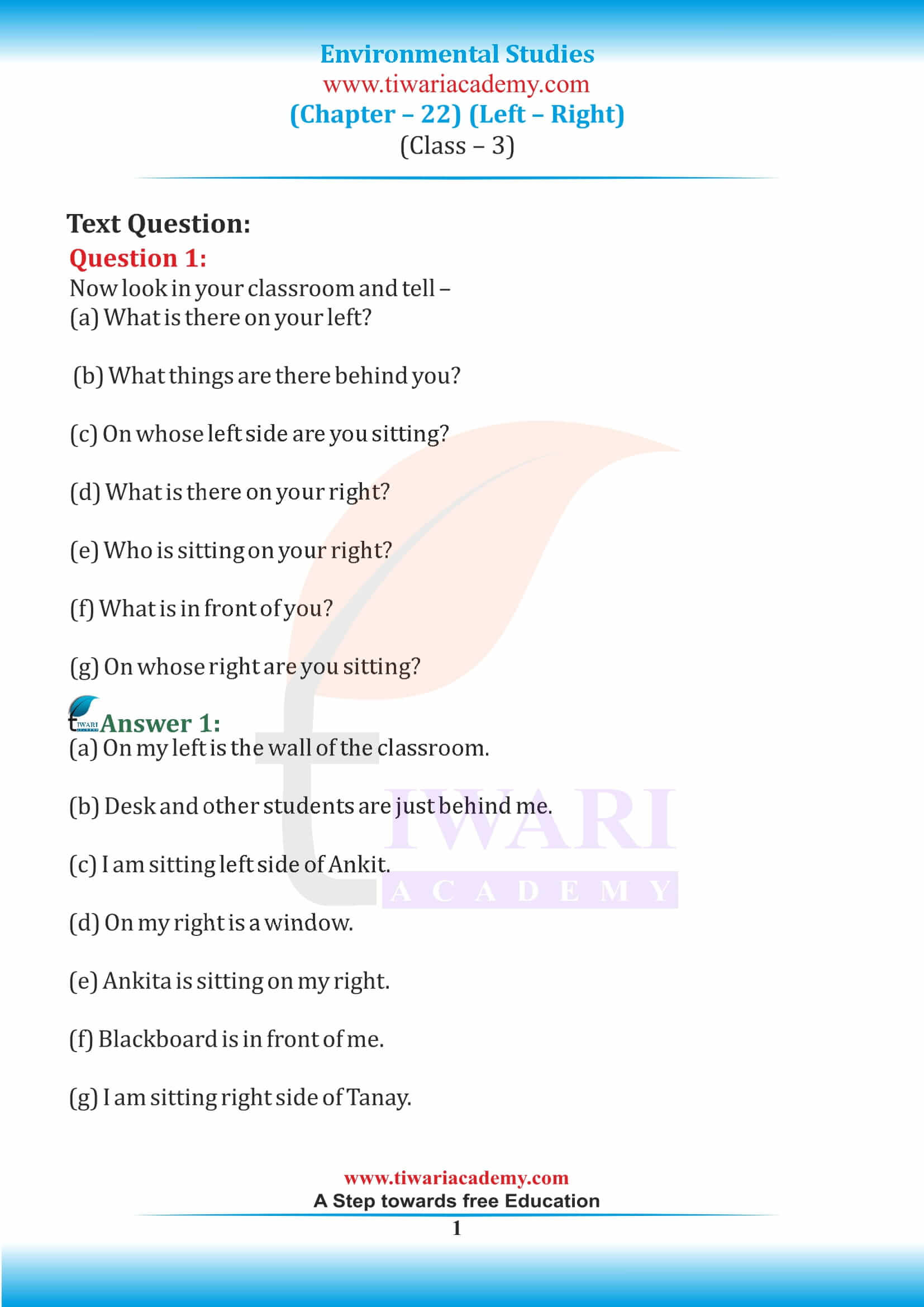 NCERT Solutions for Class 3 EVS Chapter 22 Left Right