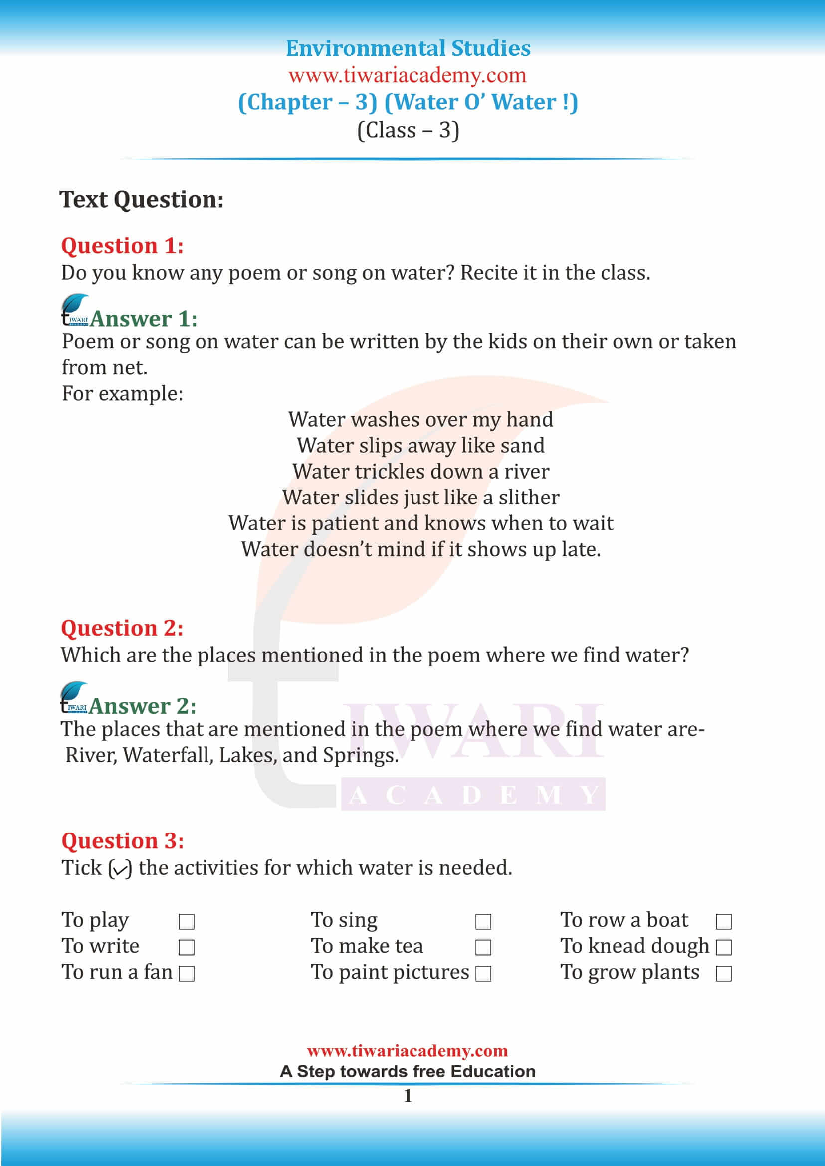 NCERT Solutions for Class 3 EVS Chapter 3 Water O Water