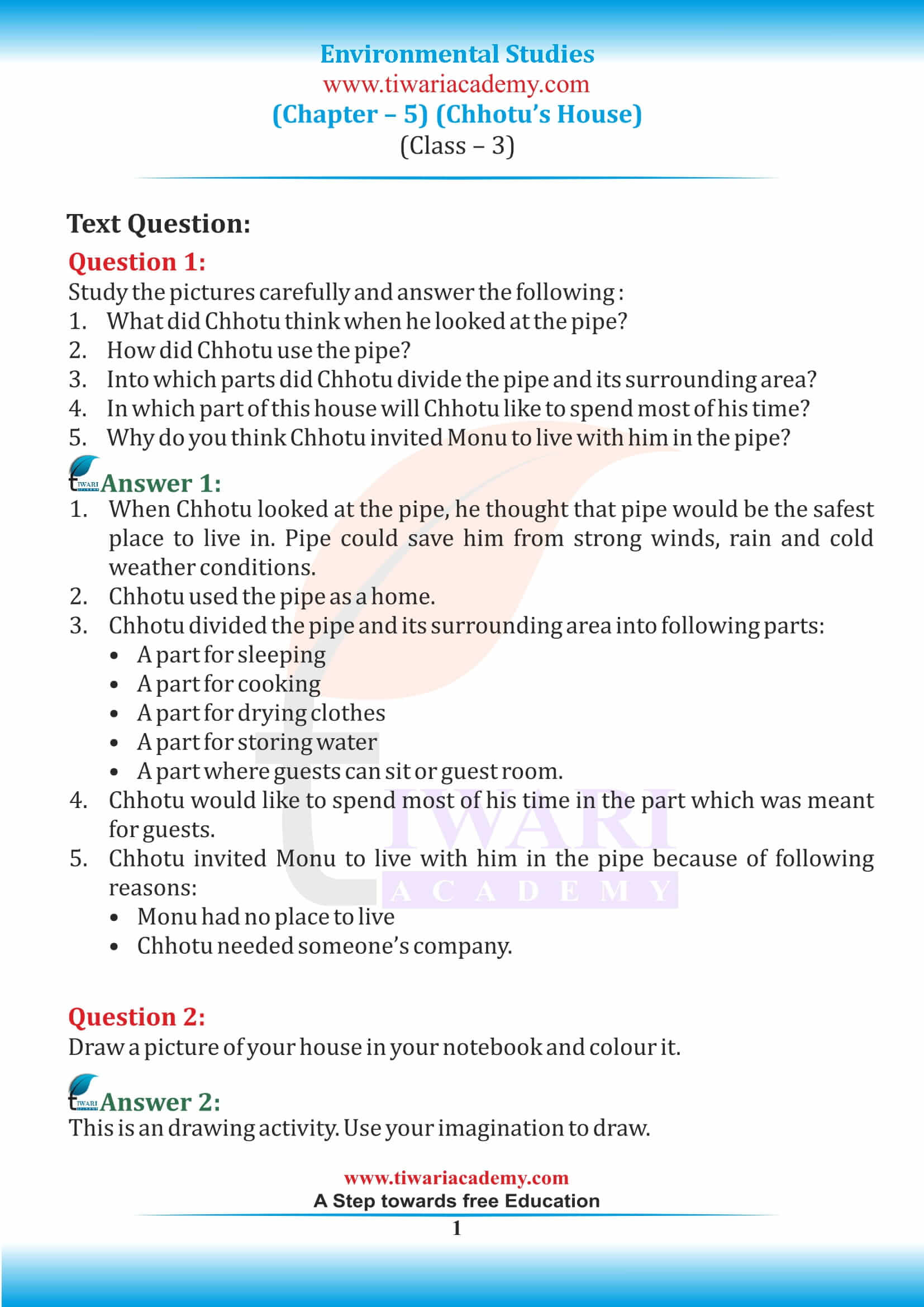 NCERT Solutions for Class 3 EVS Chapter 5 Chhotu’s House