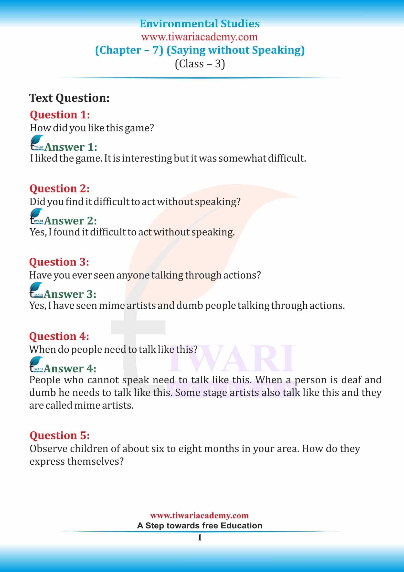 NCERT Solutions for Class 3 EVS Chapter 7 Saying Without Speaking