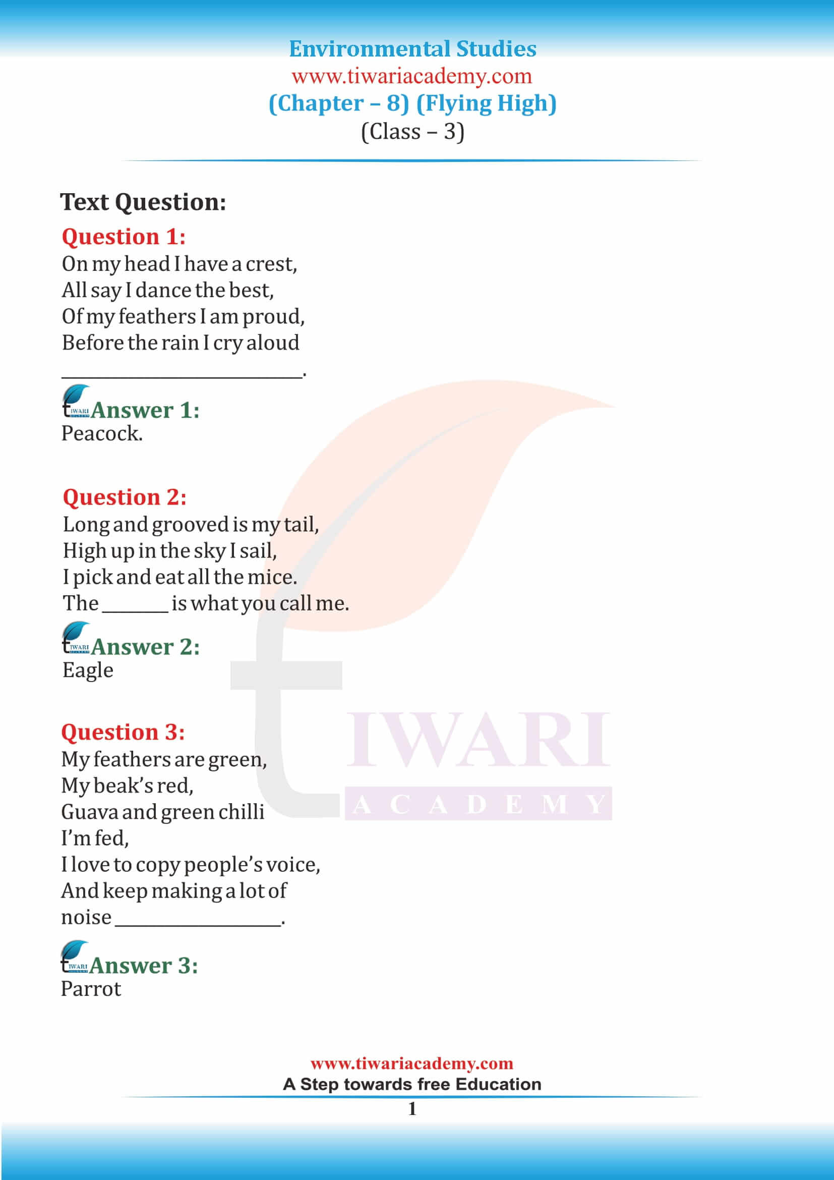NCERT Solutions for Class 3 EVS Chapter 8 Flying High