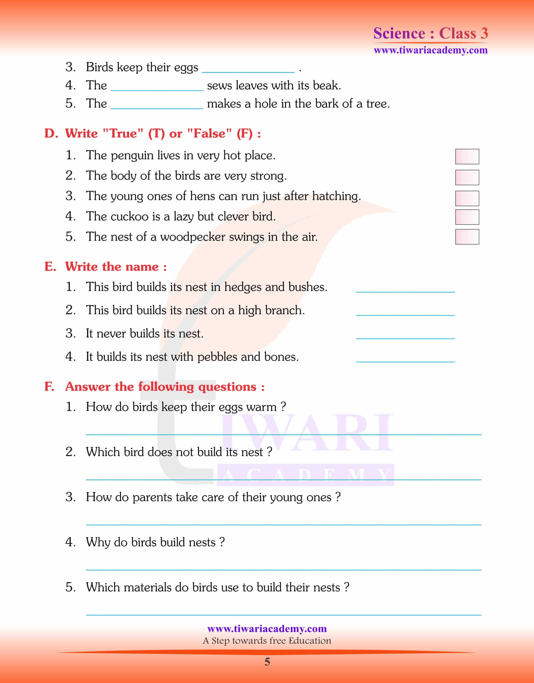 Class 3 Science Chapter 4 Nestling Habits of Birds question answers