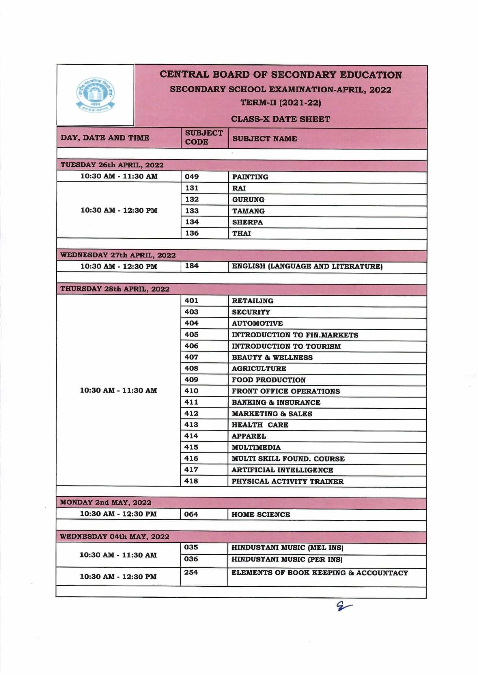 CBSE Date Sheet for Class 10 Second Term Exams 2022