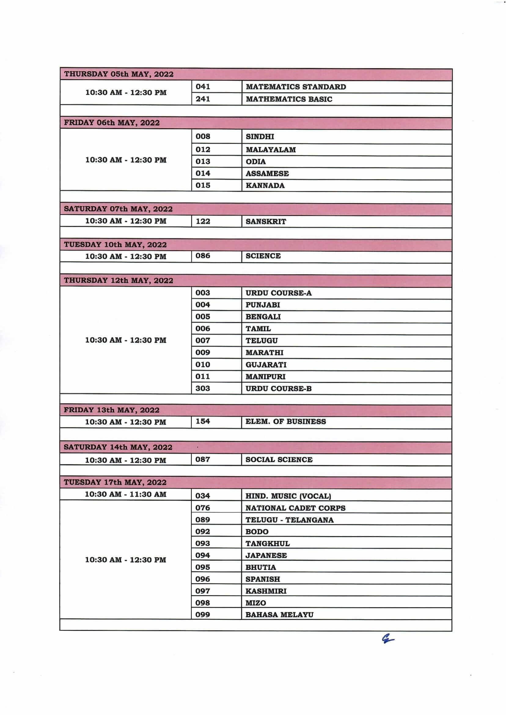 CBSE Date Sheet for Class 10 Second Term 2