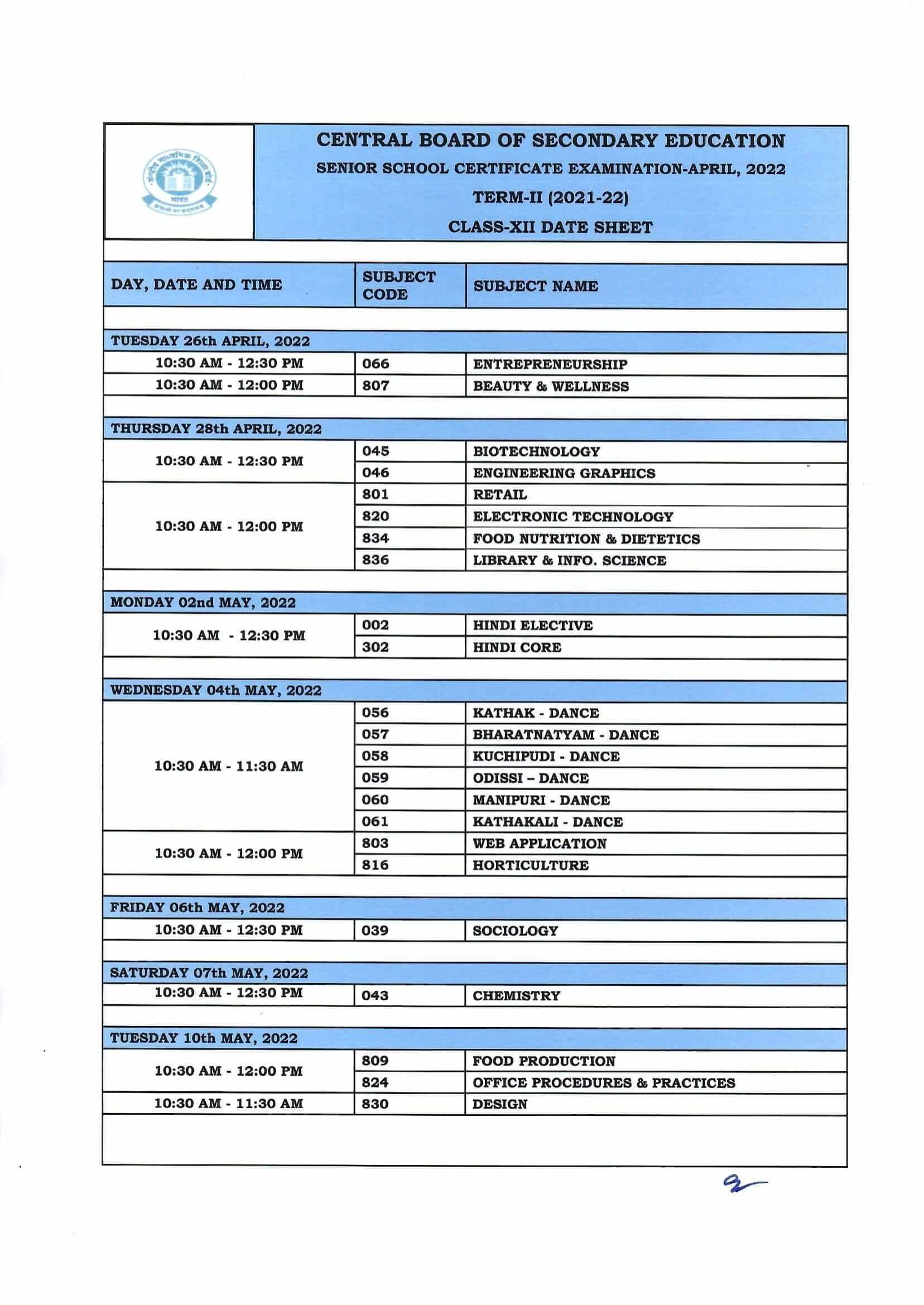 CBSE Date Sheet for Class 12 Second Term Exams 2022