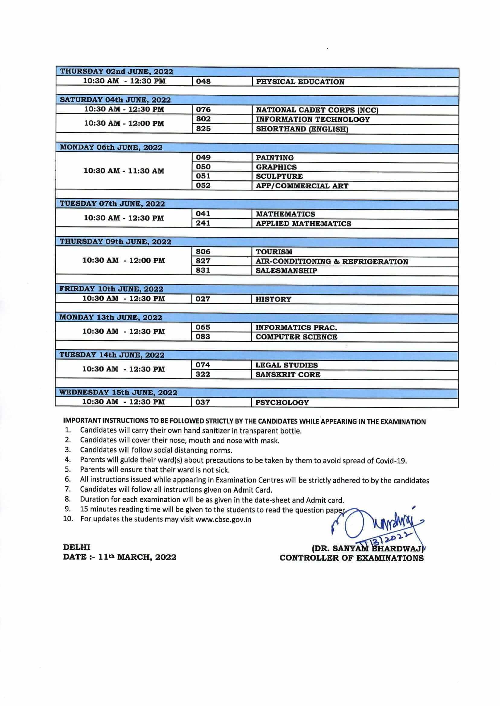 CBSE Date Sheet for Class 12 annual exams