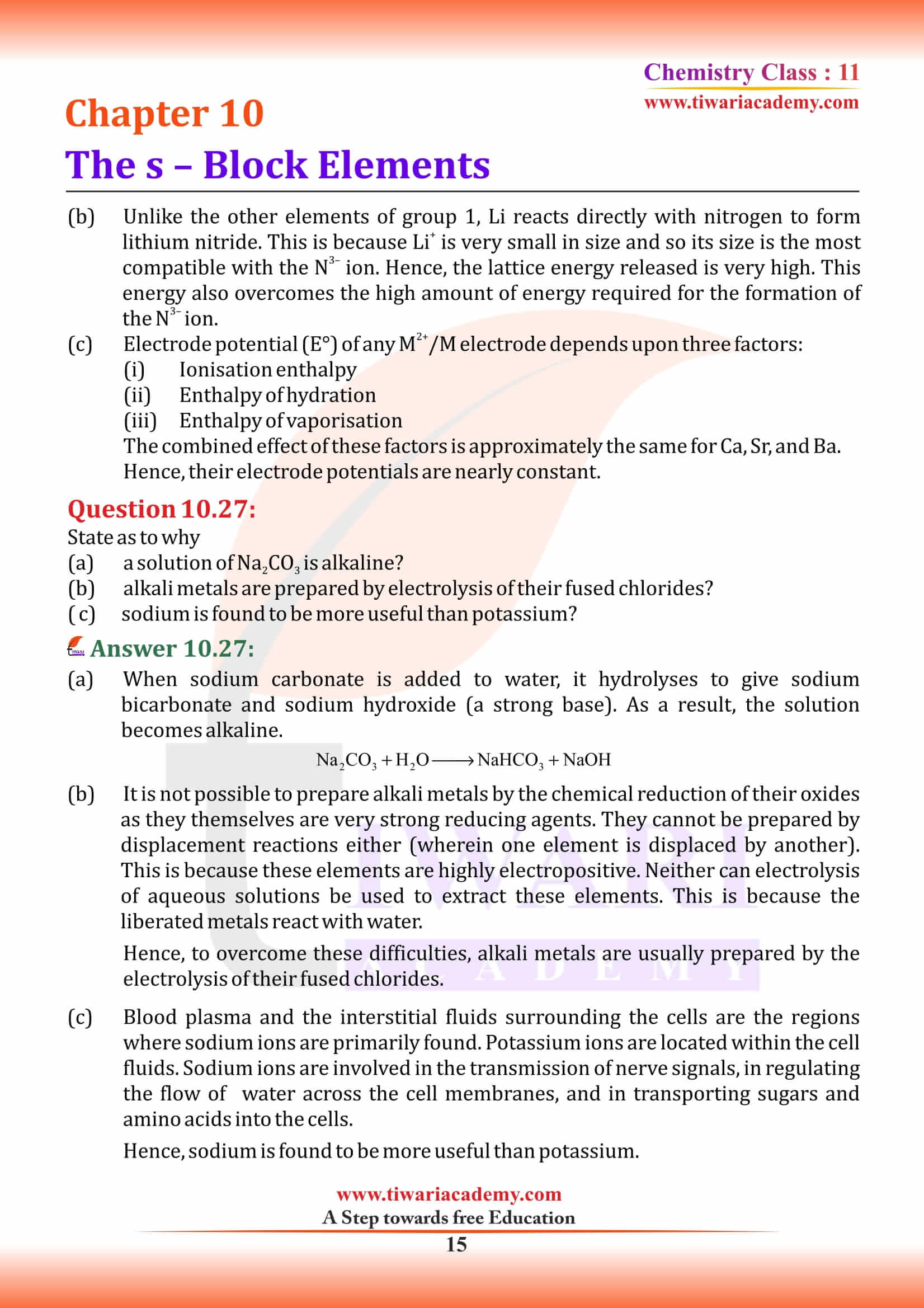 NCERT Solutions for Class 11 Chemistry Chapter 10 s Block Elements