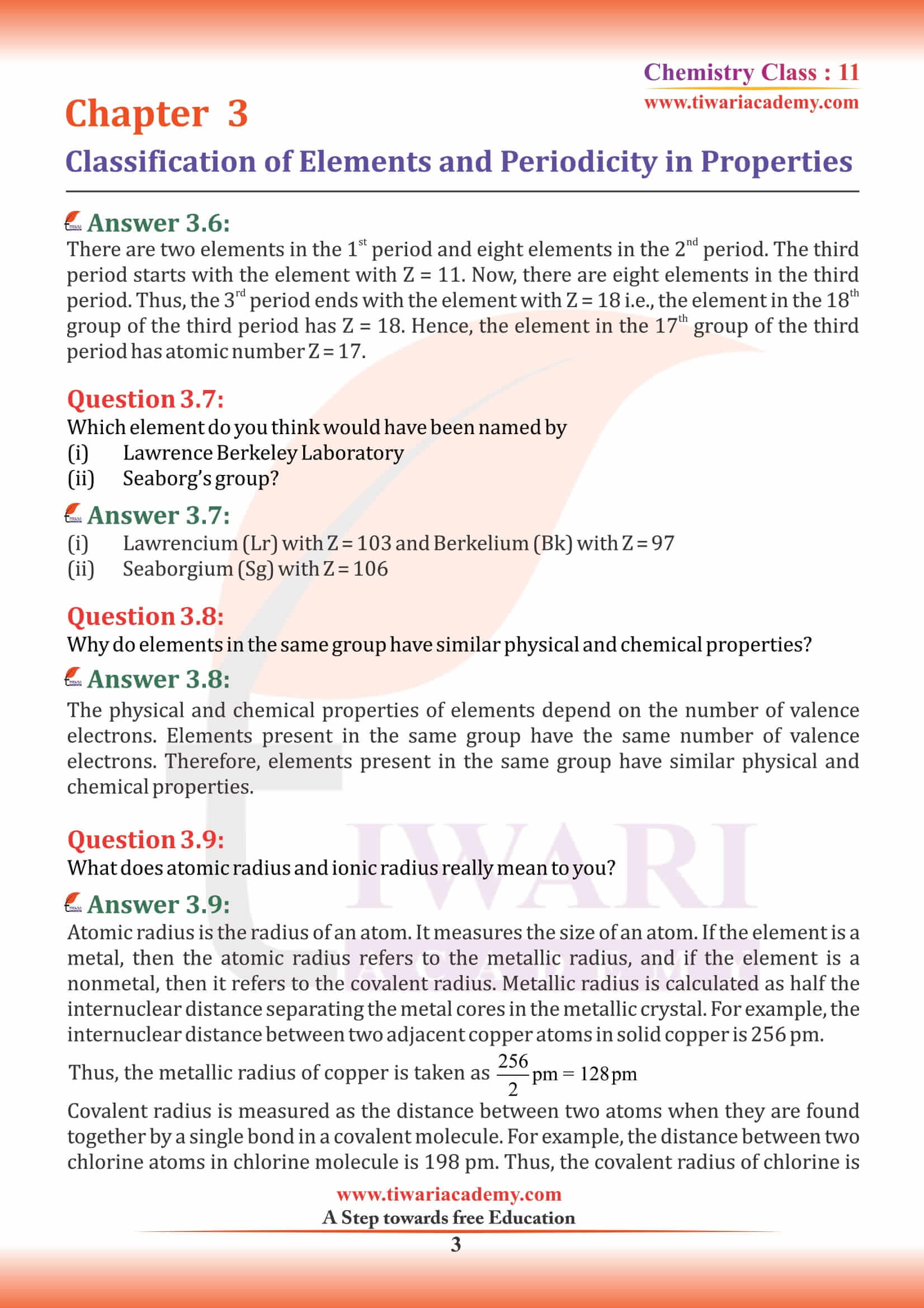 NCERT Solutions for Class 11 Chemistry Chapter 3 in PDF